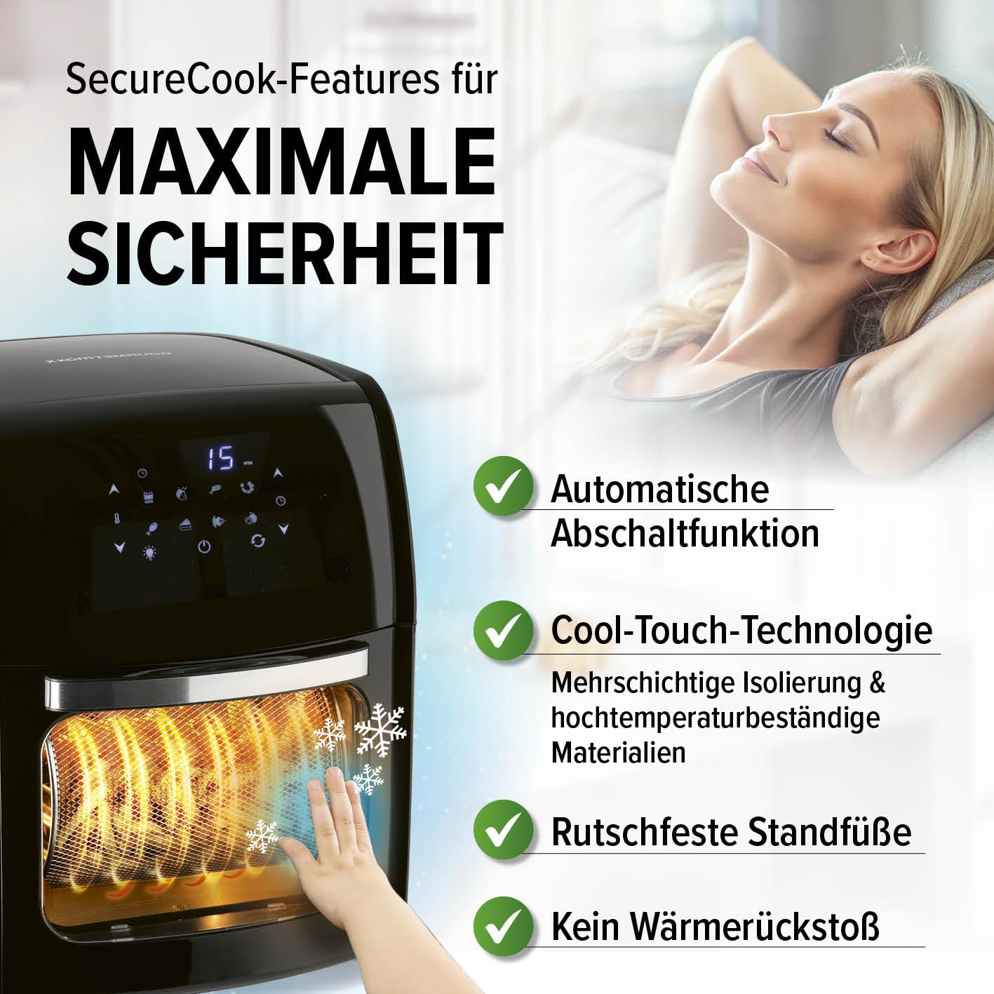 GOURMETmaxx Digitale Heißluftfritteuse 12L XXL-Ofen | Airfryer mit Timerfunktion, Touchdisplay, Drehspieß & Backgitter | fettarm, energiesparend frittieren | 8 Programme, 1800 W