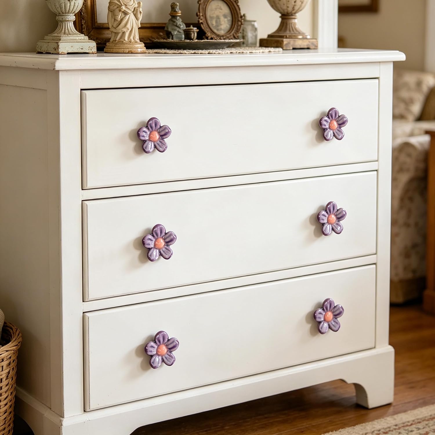 6PCS Ceramic Drawer Knobs, Cute Daisy Shaped Cabinet Pulls, Decorative Dresser Handles for Nursery, Kids Bedroom, Bathroom, Furniture Hardware with Screws image 3
