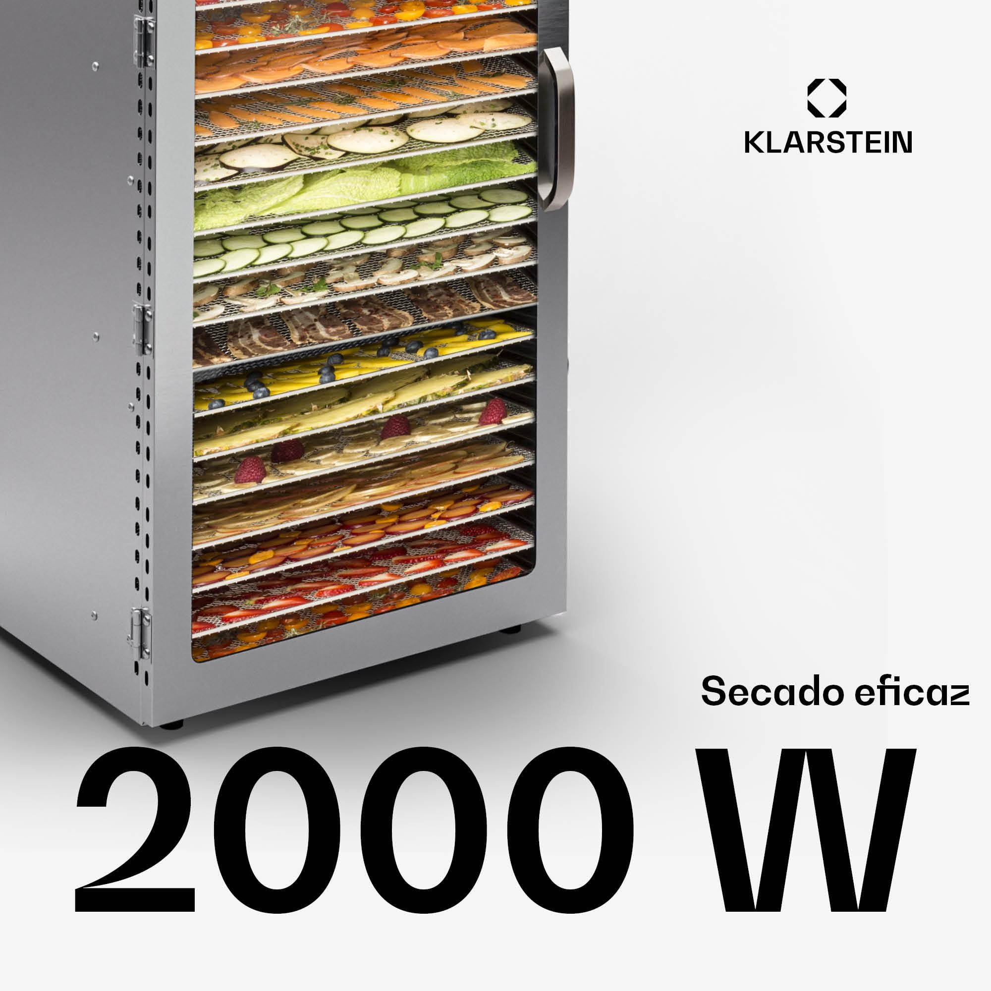 Klarstein Deshidratador de Alimentos, Deshidratadora de Frutas y Verduras 2000W, 20 Rejillas, Temp. 24h., Deshidratadora de Alimentos para Comida Liofilizada, Liofilizadora Táctil