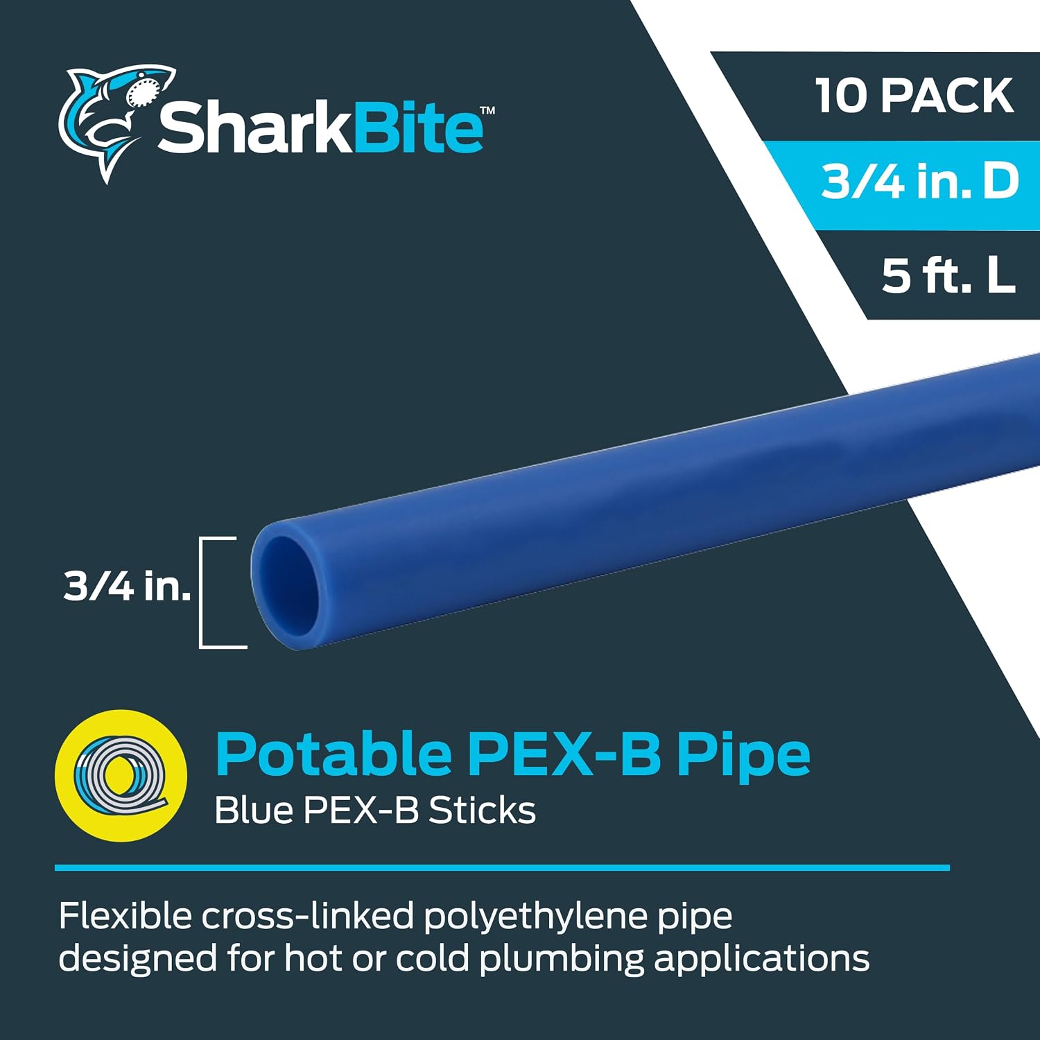 SharkBite 3/4 Inch x 5 Feet Blue PEX-B, Made in the USA, Pack of 10, Flexible Water Pipe Tubing for Plumbing, U870B5