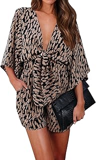 PRETTYGARDEN Women's Leopard Print Shorts Jumpsuit Wrap V Neck 3/4 Sleeve Casual Loose Oversized