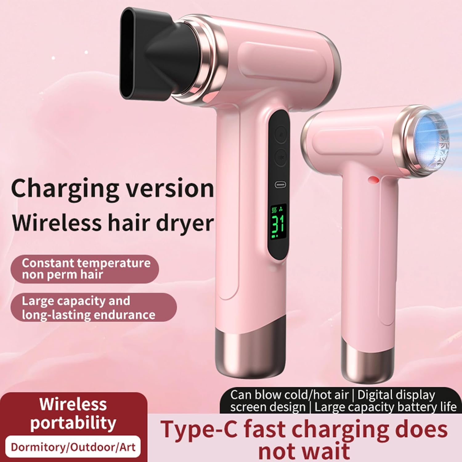 Vikye Cordless Hair Dryer, 15000mAh Rechargeable Blow Dryer 200W Battery Operated Portable Hair Dryer with Display Screen 360 Degree Nozzle, for Travel Camping