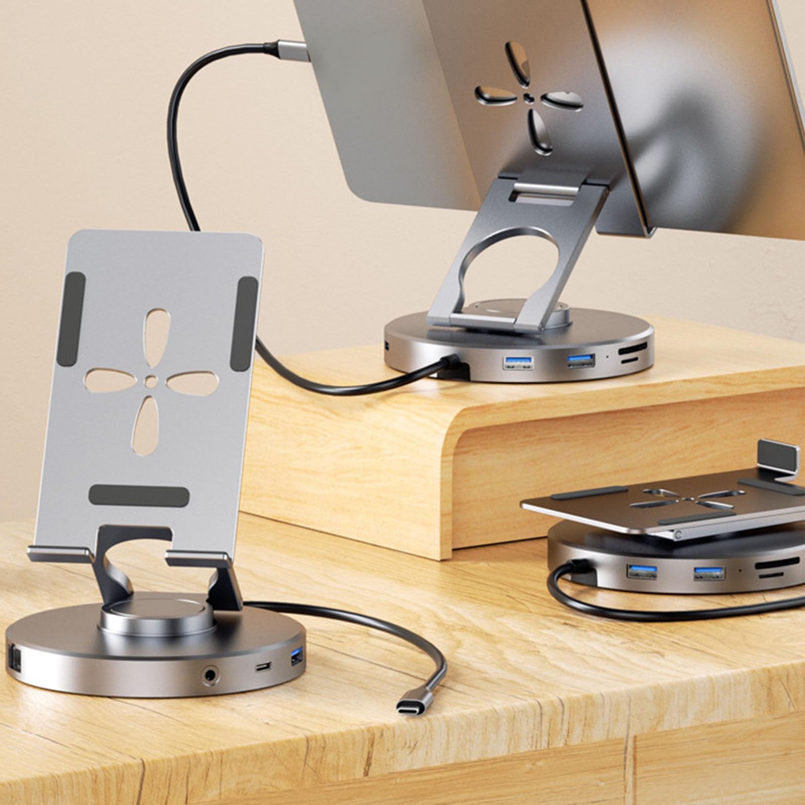 Hidyliu Supporto per Tablet Regolabile con Hub USB C 4K 10 in 1 per Dispositivi IOS e Lega di Alluminio