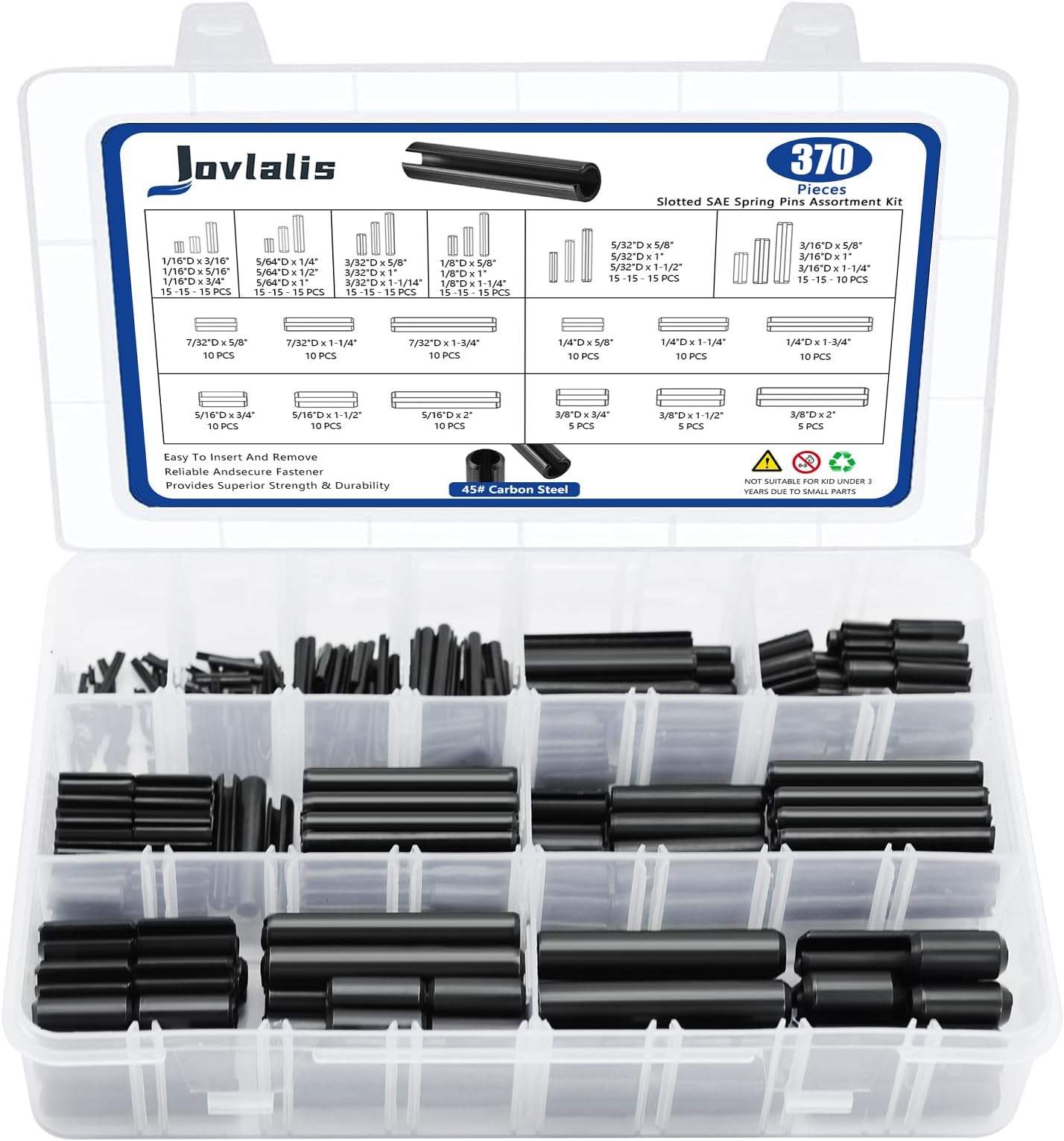 370 Pcs Roll pin Assortment, SAE Roll Pin Set, Slotted Spring Pins, Steel Split Expansion Pin, Black Roll Pins, 1/16 5/64 3/32 1/8 5/32 3/16 7/32 1/4 5/16 3/8 Inch Spring Dowel