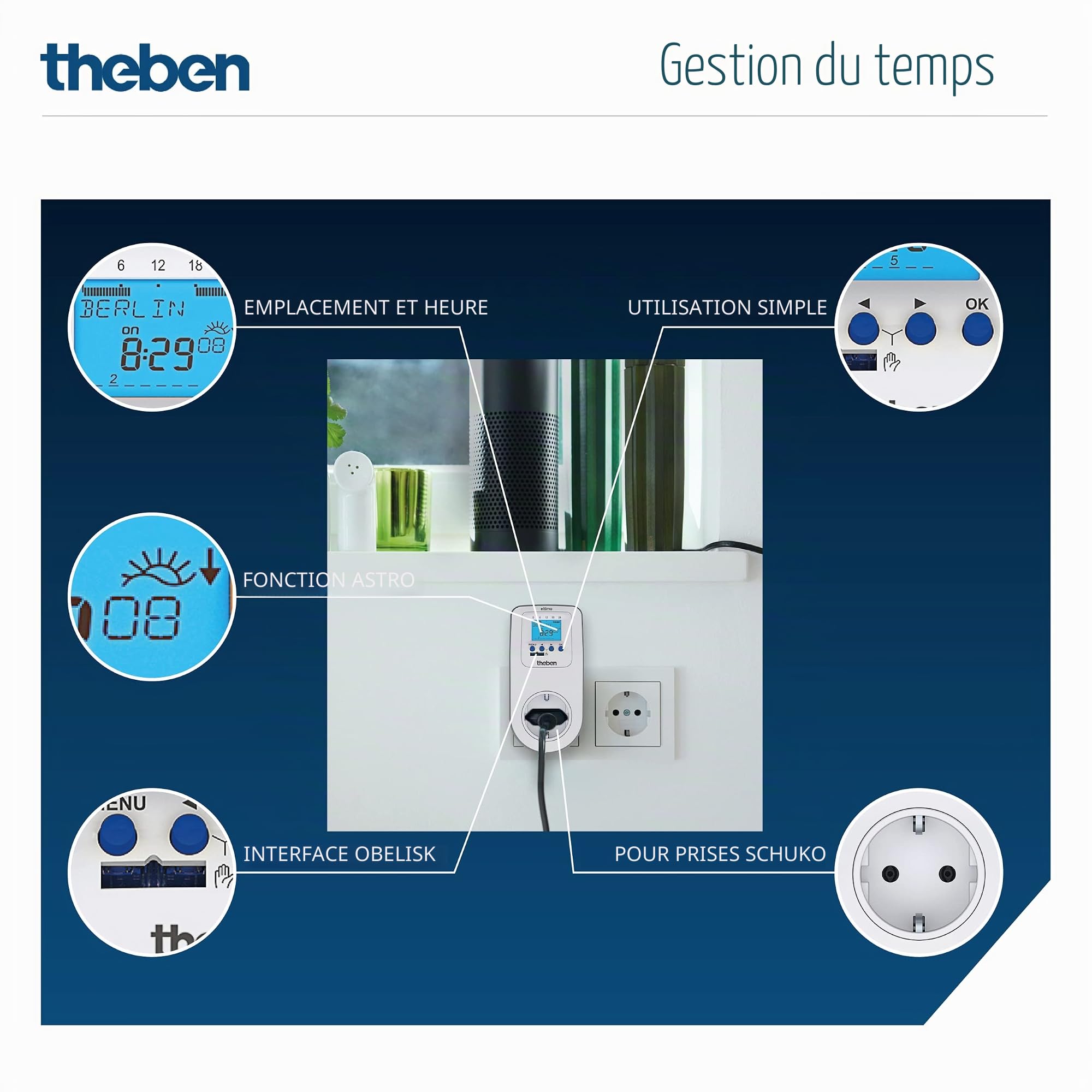 Theben 0200170 Eltimo 020 Astro top3 - Prise numérique avec Programme hebdomadaire et Fonction astronomique - Minuterie - Programmation par Application optionnelle Via Bluetooth - Programmation