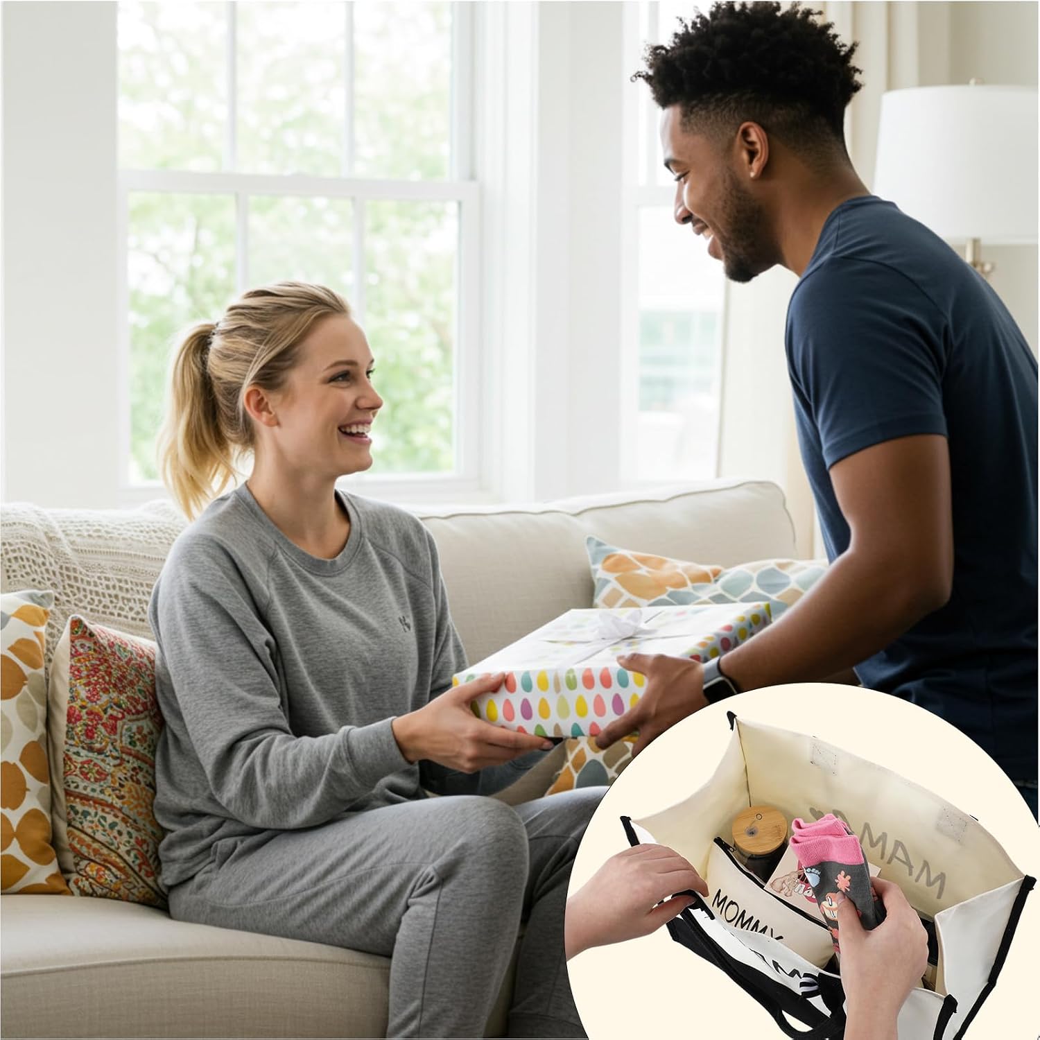 Bokon 8 Pcs New Mom Gift Set for Women After Birth Postpartum Gift First Time Mom Present Basket Tote Bags with Handle Mommy Baby Pouches Glass Jar Tumbler Scented Candle Socks Bracelet for New Mommy