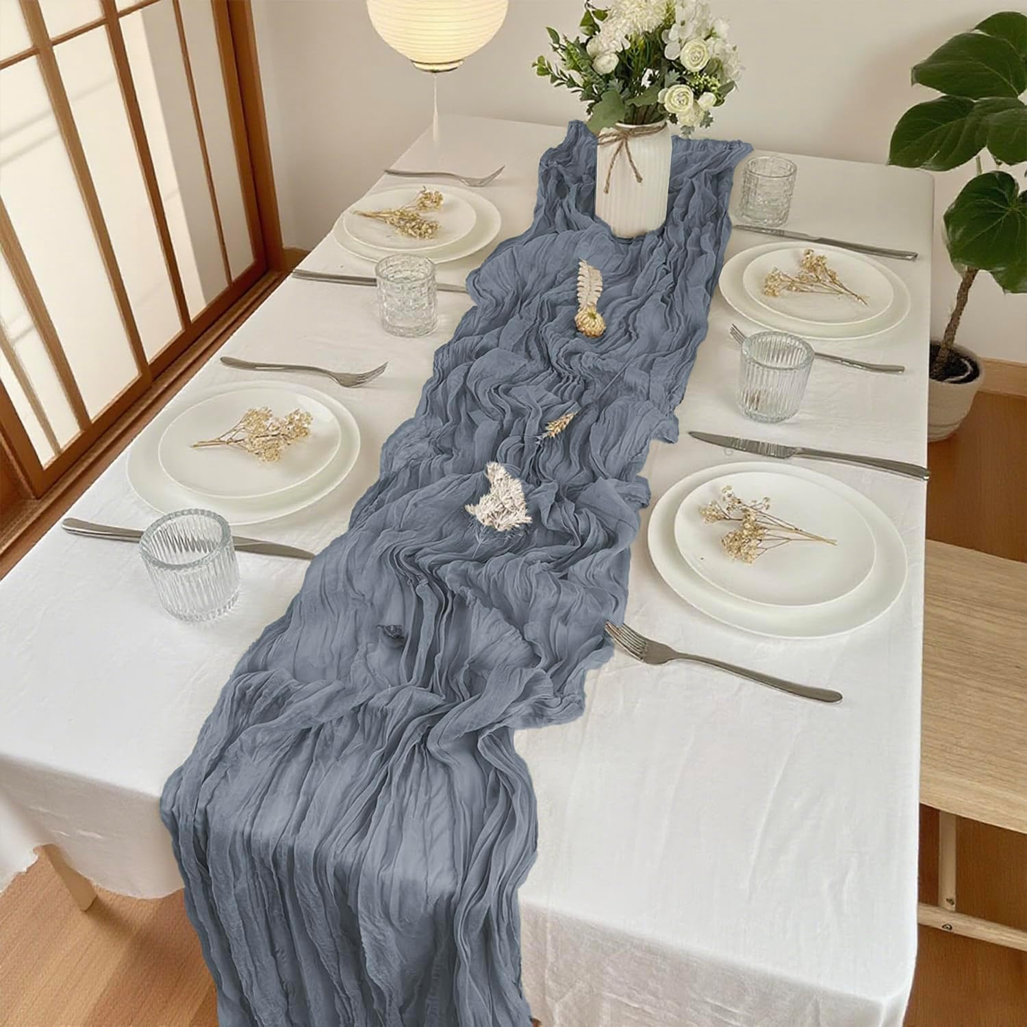 16 Pack Cheesecloth Table Runners 20" x 120", Boho Gauze Table Decor for Wedding, Bridal Shower, Birthday Party, Long Romantic Runner(Dusty Bule)