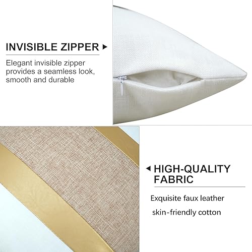 Miniatura 5 de Juego de 2 fundas de almohada de piel sintética y algodón de 18 x 18 pulgadas, fundas de almohada decorativas blancas y camello con retazos de rayas