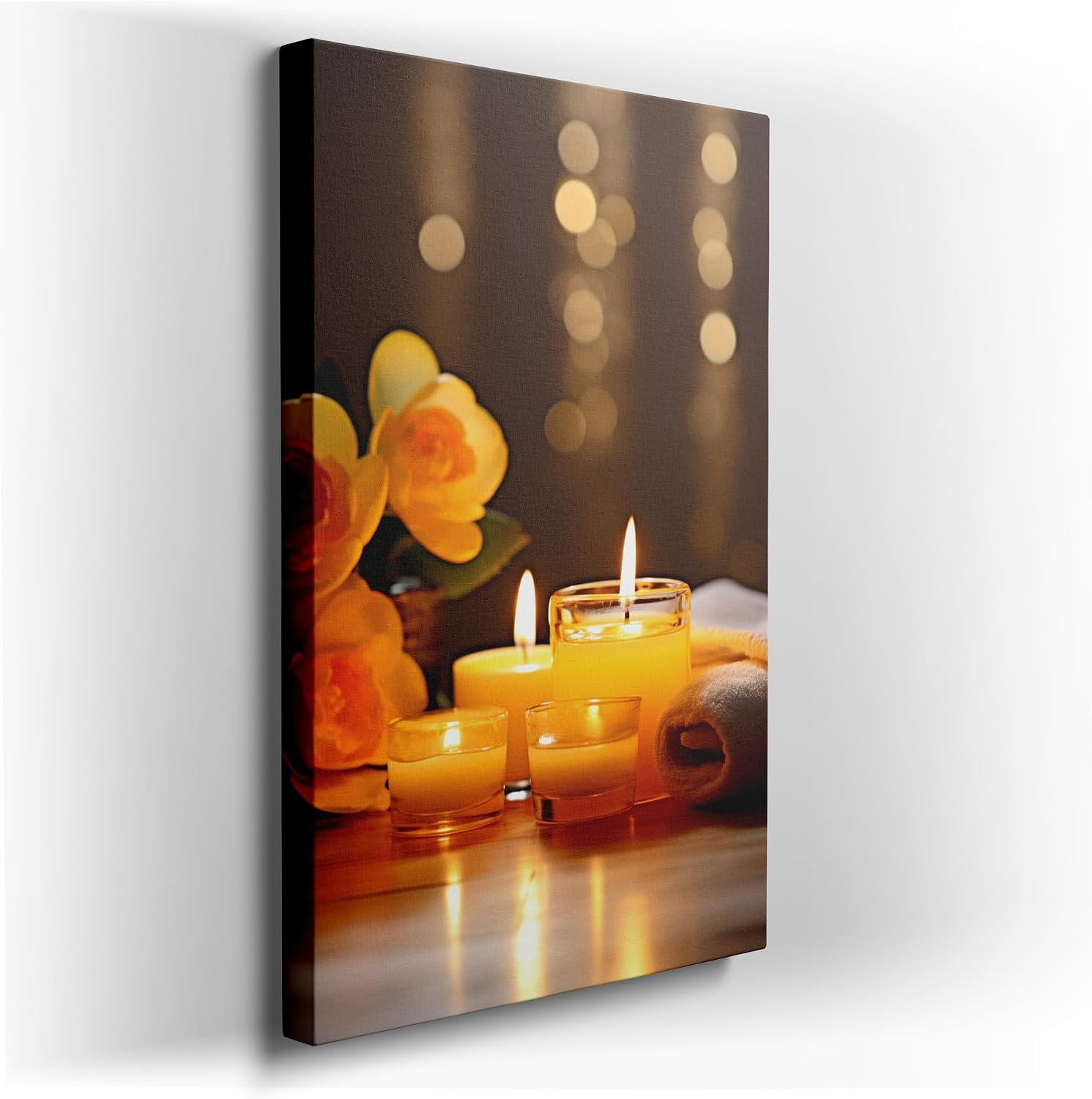Canvas for Living room. Candlelight Serenity: A Cozy Spa Retreat Amidst Yellow Roses and Warm Bokeh Lights, 27 x 18 inch Canvas Wall Art - Simplicity Embodied - Botanical Home Decor