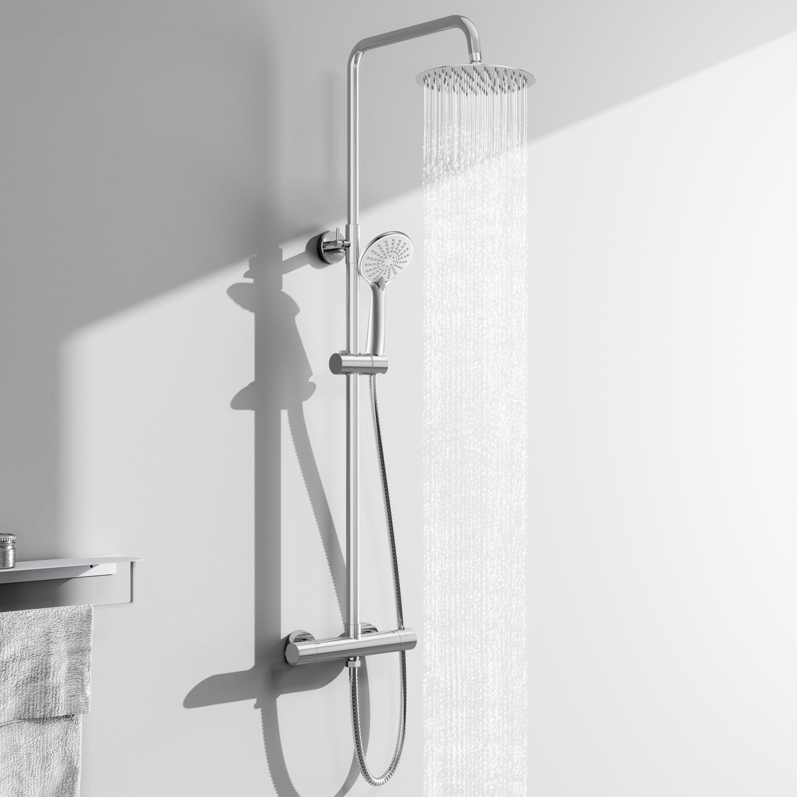 AICA Ensemble de Colonne de Douche Thermostatique pour Salle de Bain, Robinet de Douche Thermostatique en laiton, 3 Modes de Pulvérisation, Chromé, Hauteur Réglable 715 mm-1205 mm (argent)