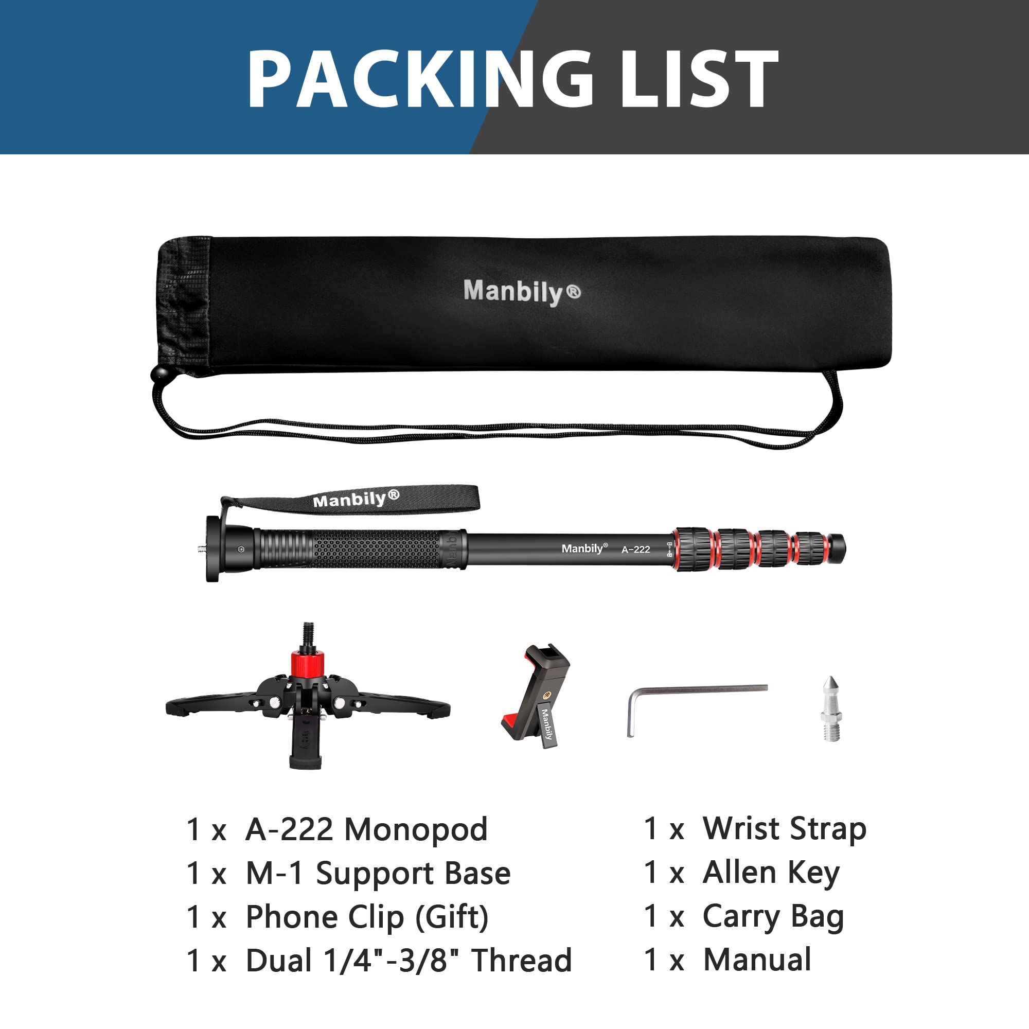 Manbily ausziehbares Kamera-Einbeinstativ aus Aluminium mit Füßen, tragbarer Reise- und abnehmbarer Stativfuß für DSLR Canon/Sony/Handy, 5 Abschnitte bis zu 170 cm, maximale Belastung 15,5 lbs (A-222)