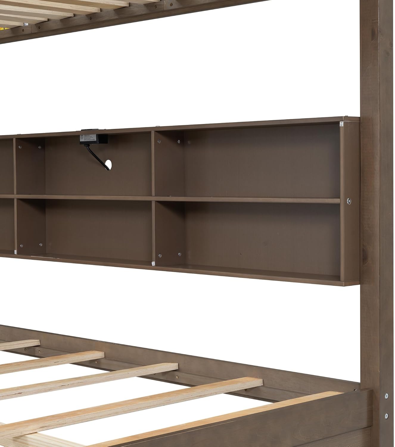 Modern Queen Over Queen Bunk Bed, Multifunctional Wood Bunk Bed with Storage Cabinets and USB Ports for Kids Teens Adults Bedroom (Wood-2)