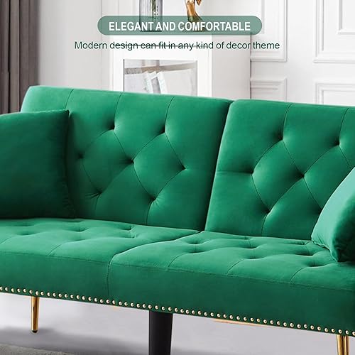 Miniatura 5 de Sofá cama futón de terciopelo, sofá cama plegable convertible con 2 almohadas, sofá biplaza reclinable copetudo de 73 pulgadas con patas de metal