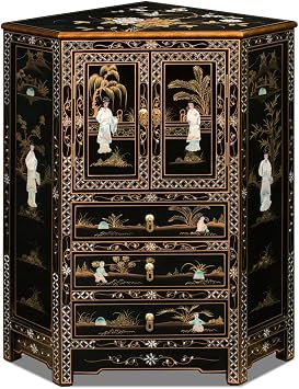 Black Lacquer Mother of Pearl Oriental Corner Cabinet