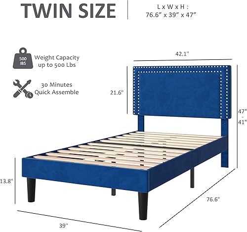 Miniatura 135 de VECELO Base de cama de tamaño matrimonial con cabecera tapizada ajustable, plataforma de listones de madera, diseño sin ruido, fácil montaje Negro