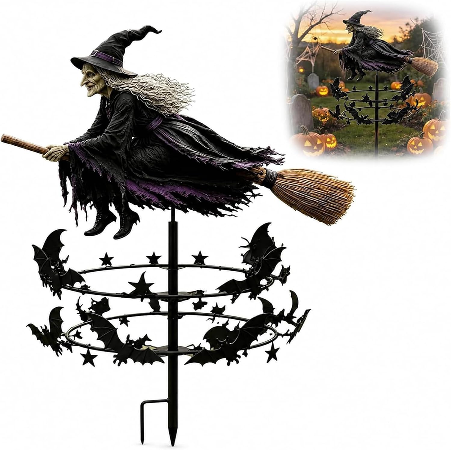 The Enchanted Witch Garden Wind Spinner, Metal Halloween Yard Art, Outdoor Garden Stake Decoration, Halloween Decorations Outdoor with Flying Witch Kinetic Bat Ring, for Garden Patio Pathway (1PCS)
