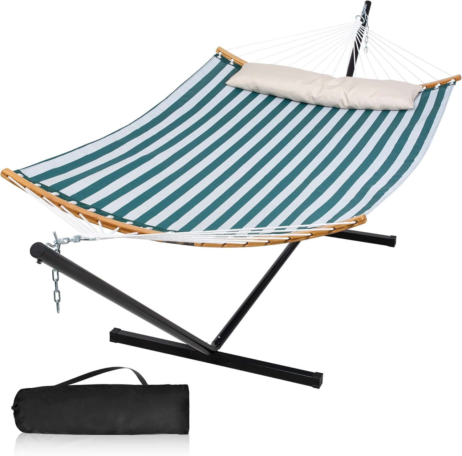 Quick Dry Hammock with Stand Included, Curved Spreader Bar Hammock with 12FT Hammock Stand for Outside, Poolside, 450 Lbs Capacity, Green & White Stripe