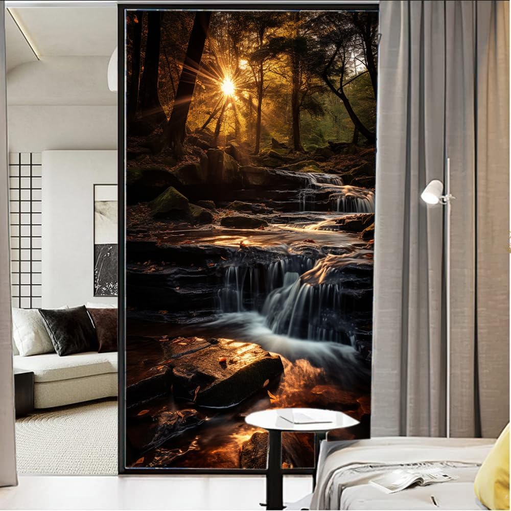 Sunset Over Waterfall Privacy Window Film Woods Nature Landscape Stained Glass Window Coverings Adhesive Sticker Frosted Window Film for Home Office Stores 35.4Wx63L inch