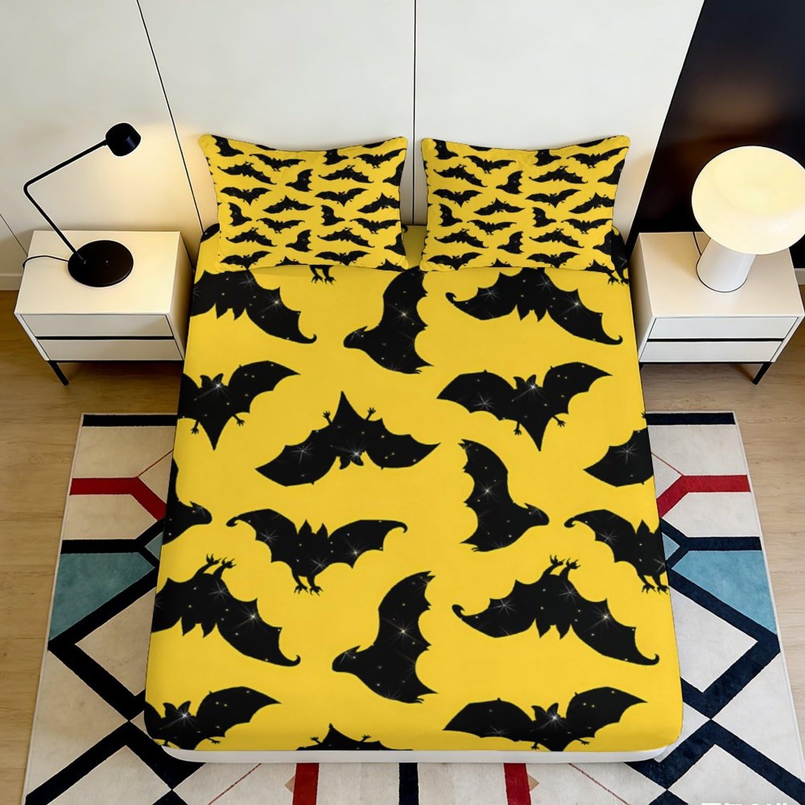 3D Printed Halloween Bat Pattern Fitted Sheet Microfiber Soft Yellow Gothic Bed Cover for Bedroom Dorm Mattress Decor 160x200x25cm
