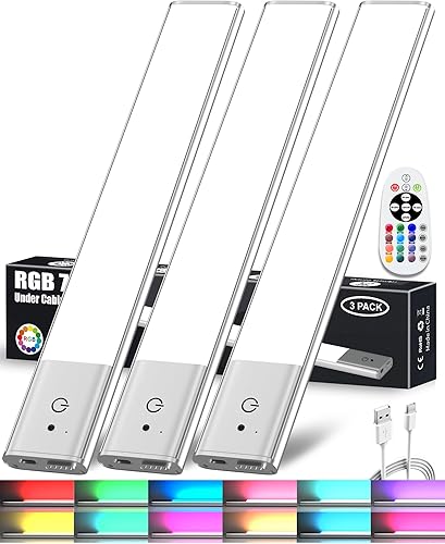 79-LED Under Cabinet Lighting, 15 Colors Uitra-Thin Closet Lights Rechargeable Wireless Under Counter Lighting with Remote Control, Dimmable RGB