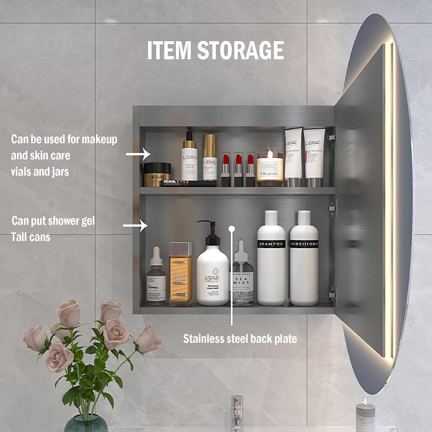 800 X 800 MM LED Illuminated Bathroom Mirror Cabinet with Demister Pad,Stainless Steel Wall Mounted Storage Mirror Cabinet with Touch Switch Control,Adjustable Lights