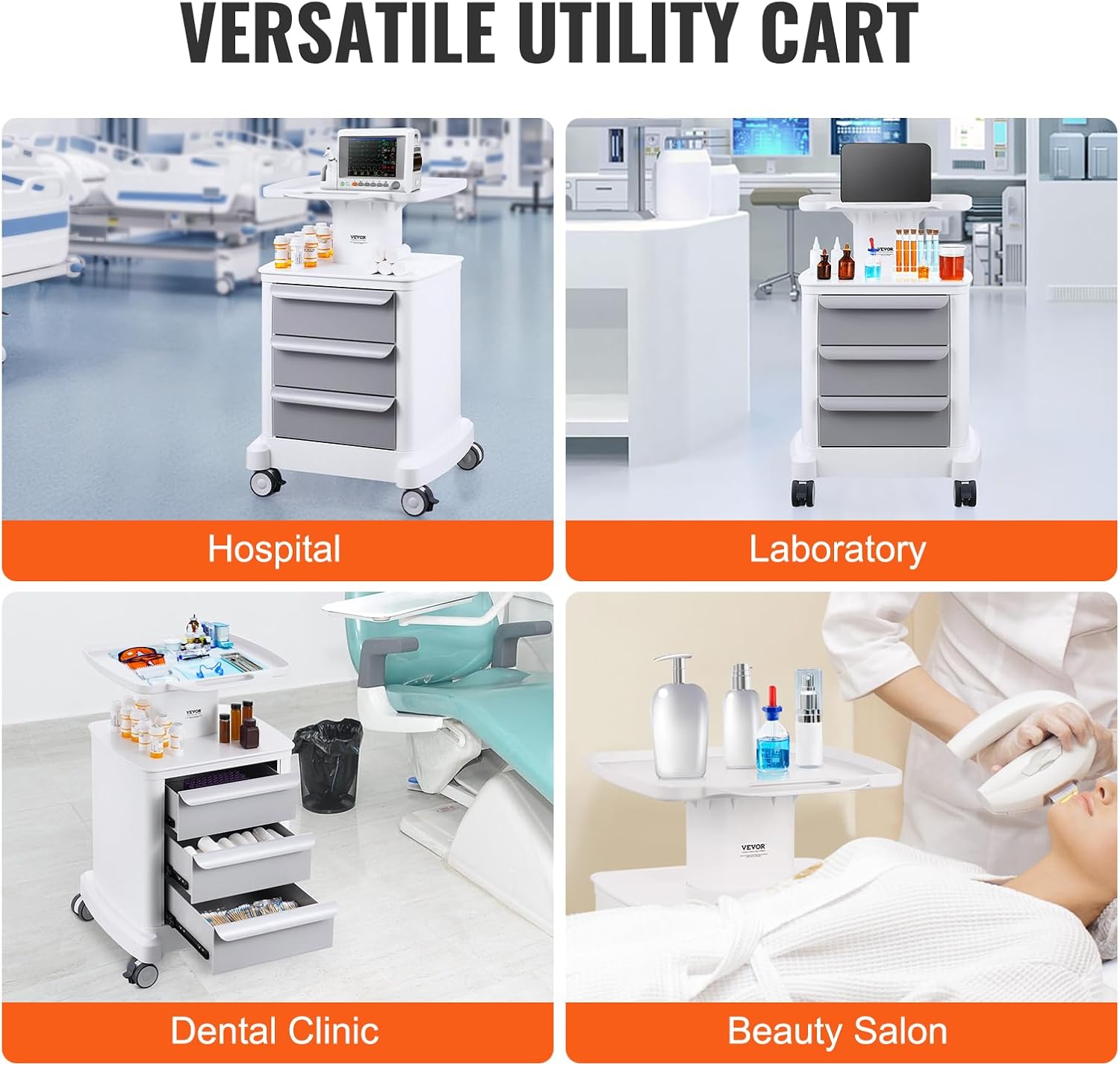 VEVOR 4 Tiers Lab Carts, Lab Utility Cart with 3 Drawers & 1 Top Tray, Mobile Medical Cart with ABS Material, Lab Rolling Cart with 4 Silent Wheels for Lab, Clinic, Hospital, Salon, White