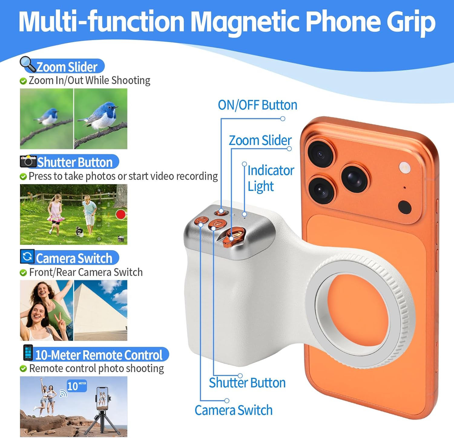Magnetic Phone Camera Grip,Smartphone Shooting Holder, Selfie Handle Fun Shot Magnetic Grip for iPhone & Android with Wireless Shutter Button, Creator Kit for TikTok/Selfies/Photography/Video