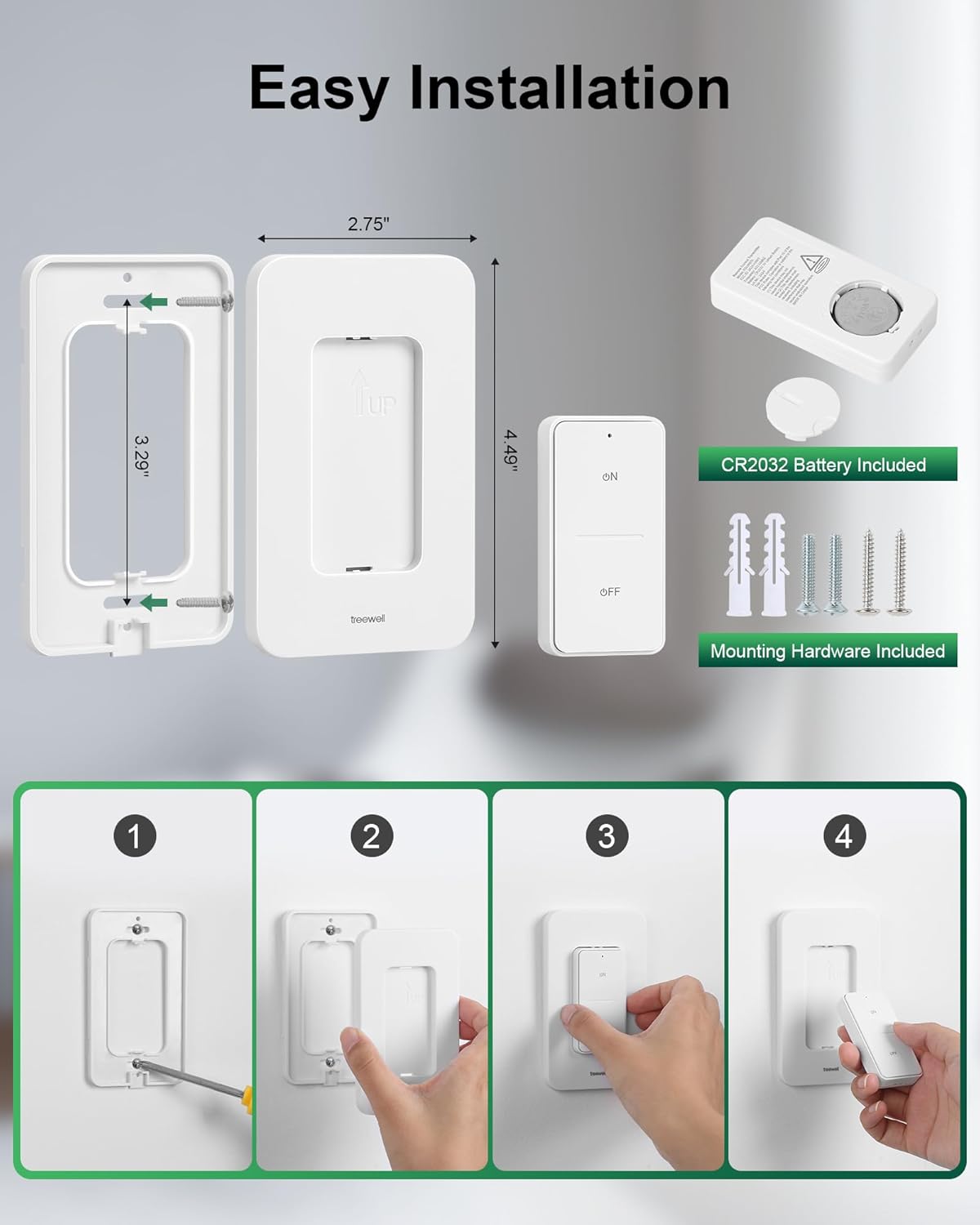 Wireless Light Switch and Receiver Kit, 200FT RF Range Remote Control Light Switch, No Rewiring, No Interference, Wireless Wall Switch for Ceiling Light, Fans, Lamps, Pre-Programmed