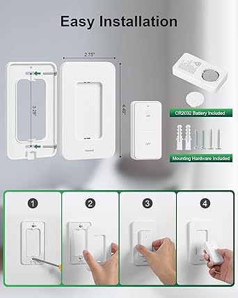 Wireless Light Switch and Receiver Kit, 200FT RF Range Remote Control Light Switch, No Rewiring, No Interference, Wireless Wall Switch for Ceiling Light, Fans, Lamps, Pre-Programmed