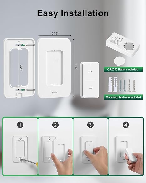 Wireless Light Switch and Receiver Kit, 200FT RF Range Remote Control Light Switch, No Rewiring, No Interference, Wireless Wall Switch for Ceiling Light, Fans, Lamps, Pre-Programmed