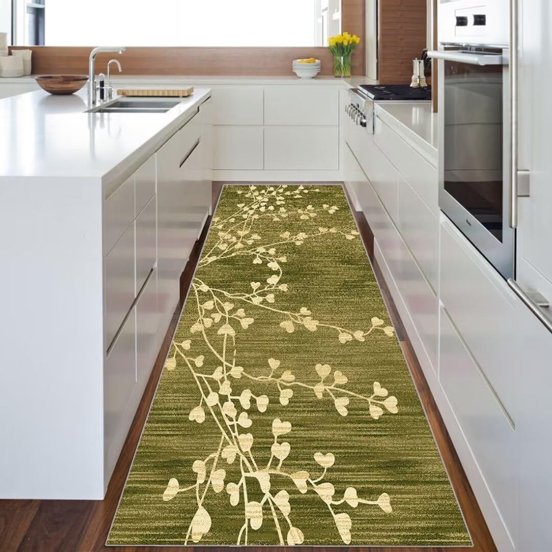 Grün Läufer Teppich Lang Vintage Flur Läufer rutschfest Waschbar 70x240cm Modern Blattmuster Dauerhaft Läuferteppich TeppichLäufer Küchen Korridor Polyester Anpassbar Meterware