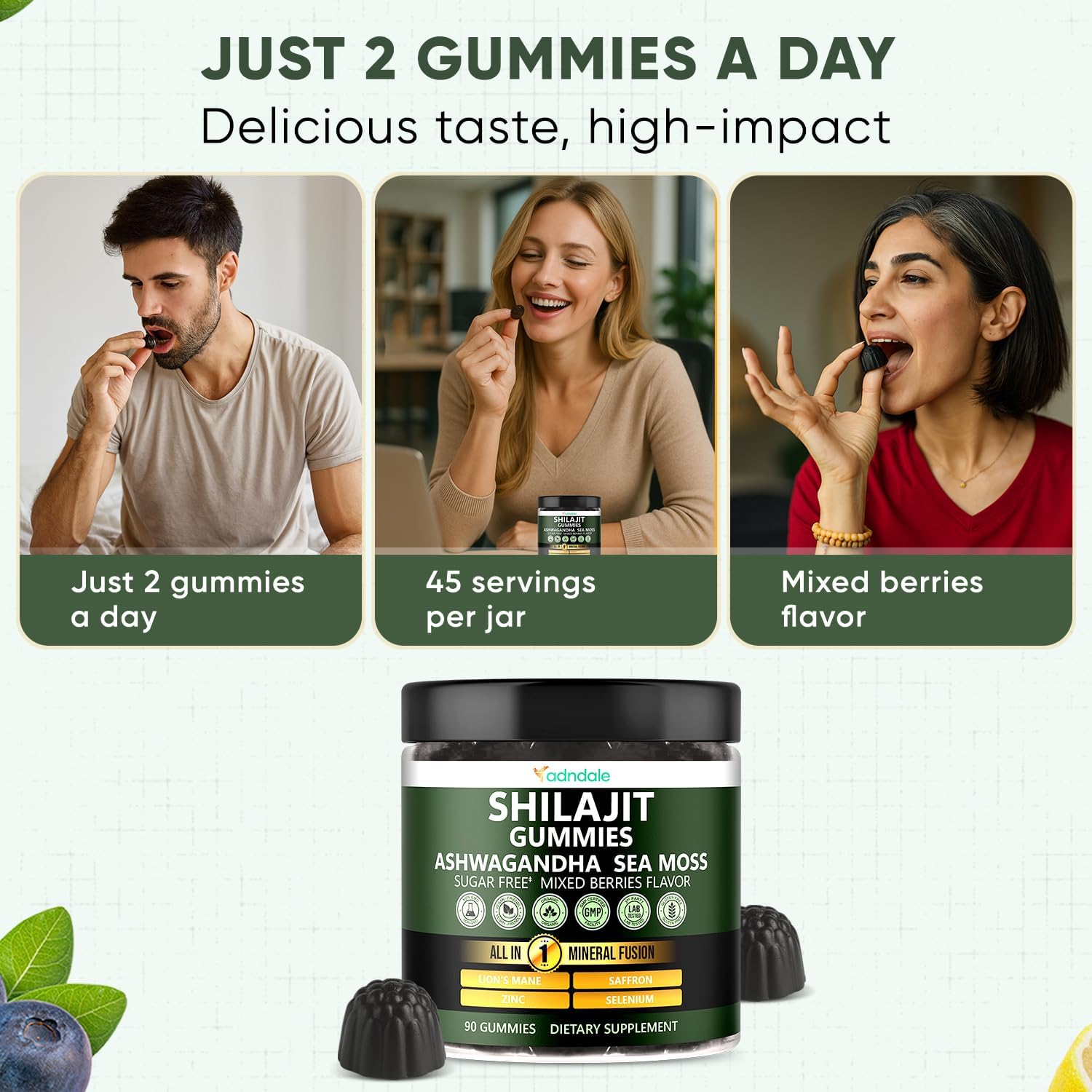Adndale Himalayan Natural Shilajit Gummies for Men & Women, Sugar-Free Mixed Berries Flavor - with Ashwagandha, Sea Moss, Lion’s Mane & Saffron + Zinc & Selenium - 90 Gummies (45 Servings)