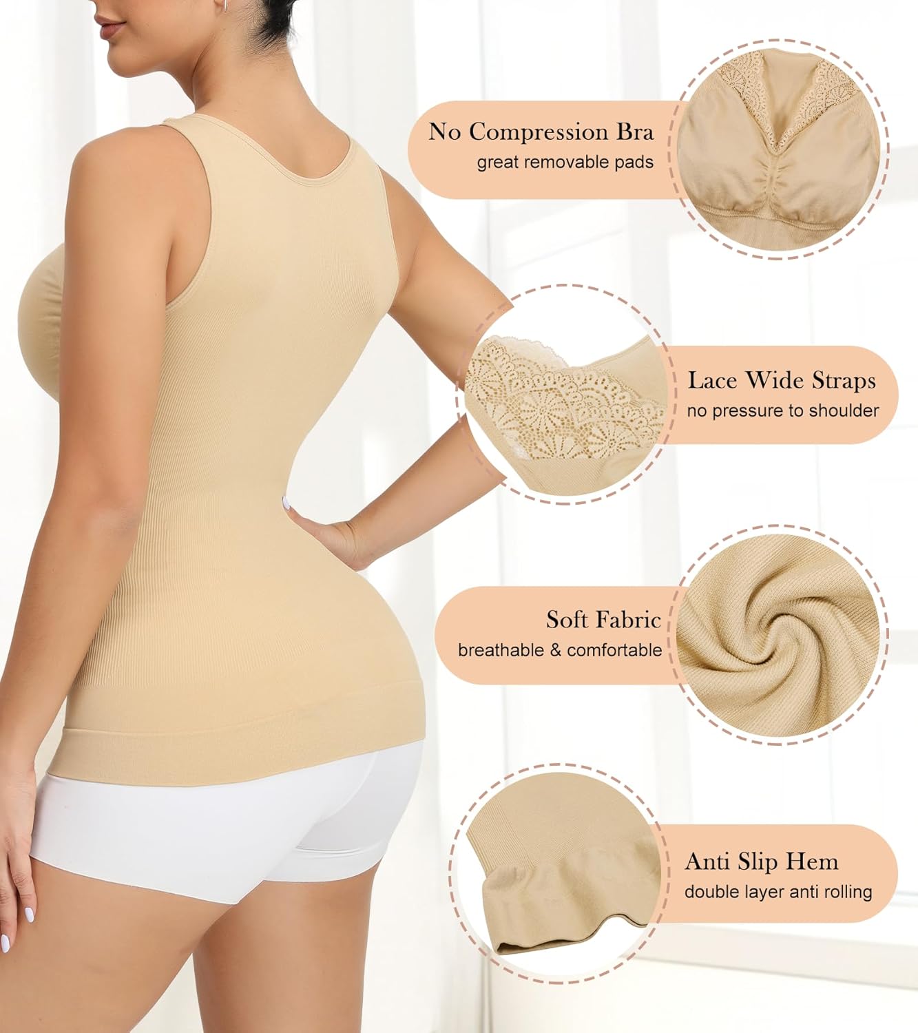 Camisoles With Built in Bra - Compression Shapewear V Neck Tank Tops for Women Lace Cami Shaper Tummy Control - Image 3