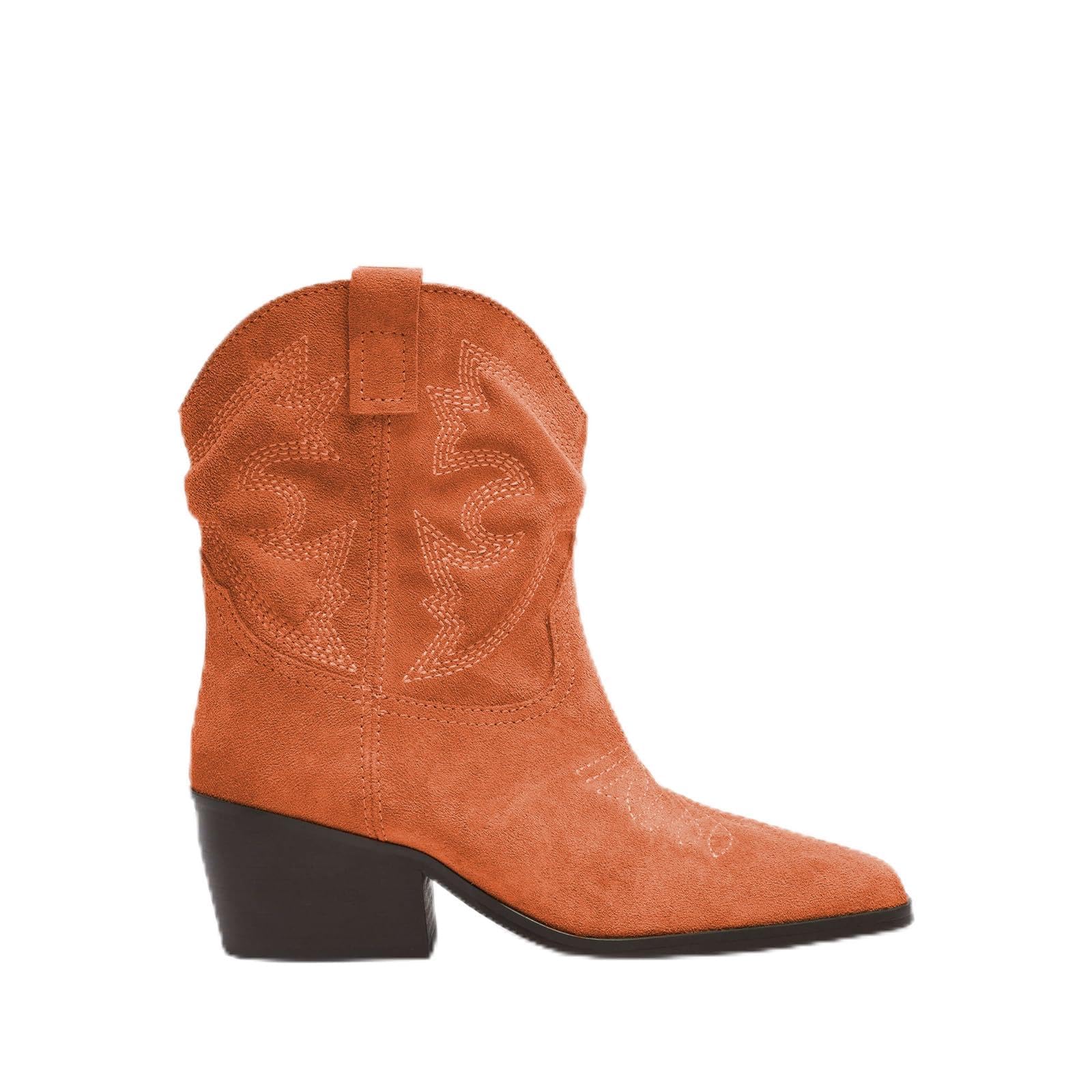 Womens Western Suede Embroidered Cowboy Ankle Boots Pointed Toe Chunky Heel Vintage Short Boots with Casual Party Dress
