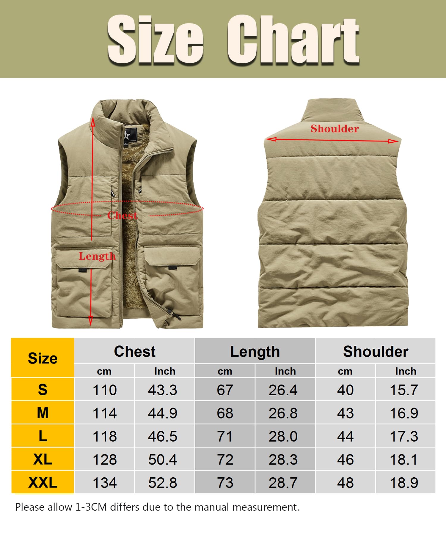 Chaleco de Forro Polar para Hombre Otoño Invierno Cálido Chaqueta Sin Mangas Chalecos de Trabajo Acolchado con Múltiples Bolsillos Bodywarmers Abrigo a prueba de viento
