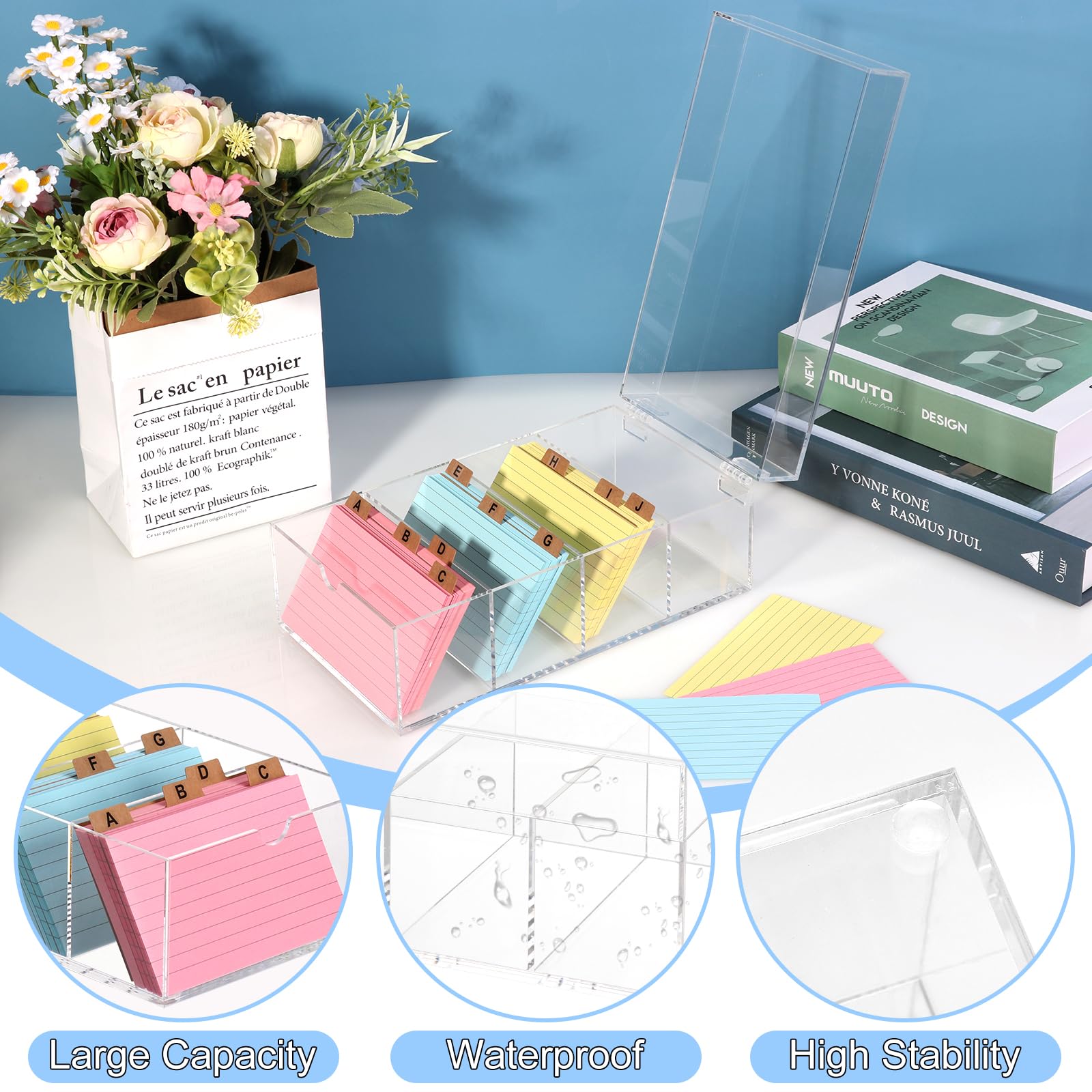3 x 12,7 cm in acrilico trasparente indice scatola porta schede note organizzatore con 150 schede a righe a righe 30 divisori in carta kraft adesivi A-Z 4 divisori per contenere 600 carte, note,