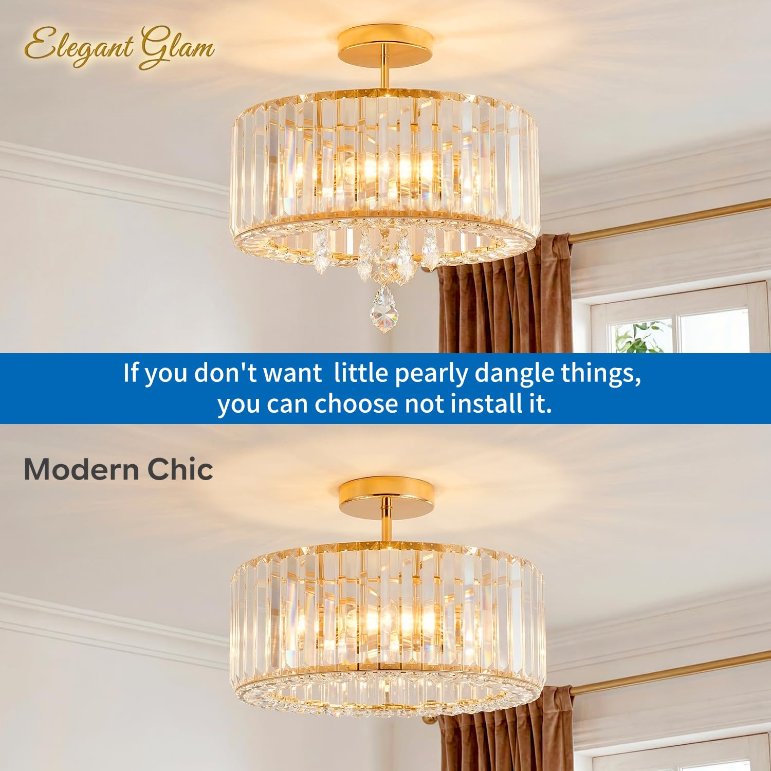ANWIO Lampada da Soffitto Cristallo Oro, Plafoniera a Soffitto con Moderno 3 Luci, Lampadari Cristallo E27, Lampadario Soggiorno con Paralume in Vetro Per Camere da Letto, 36.5 CM(Senza Lampadine) way