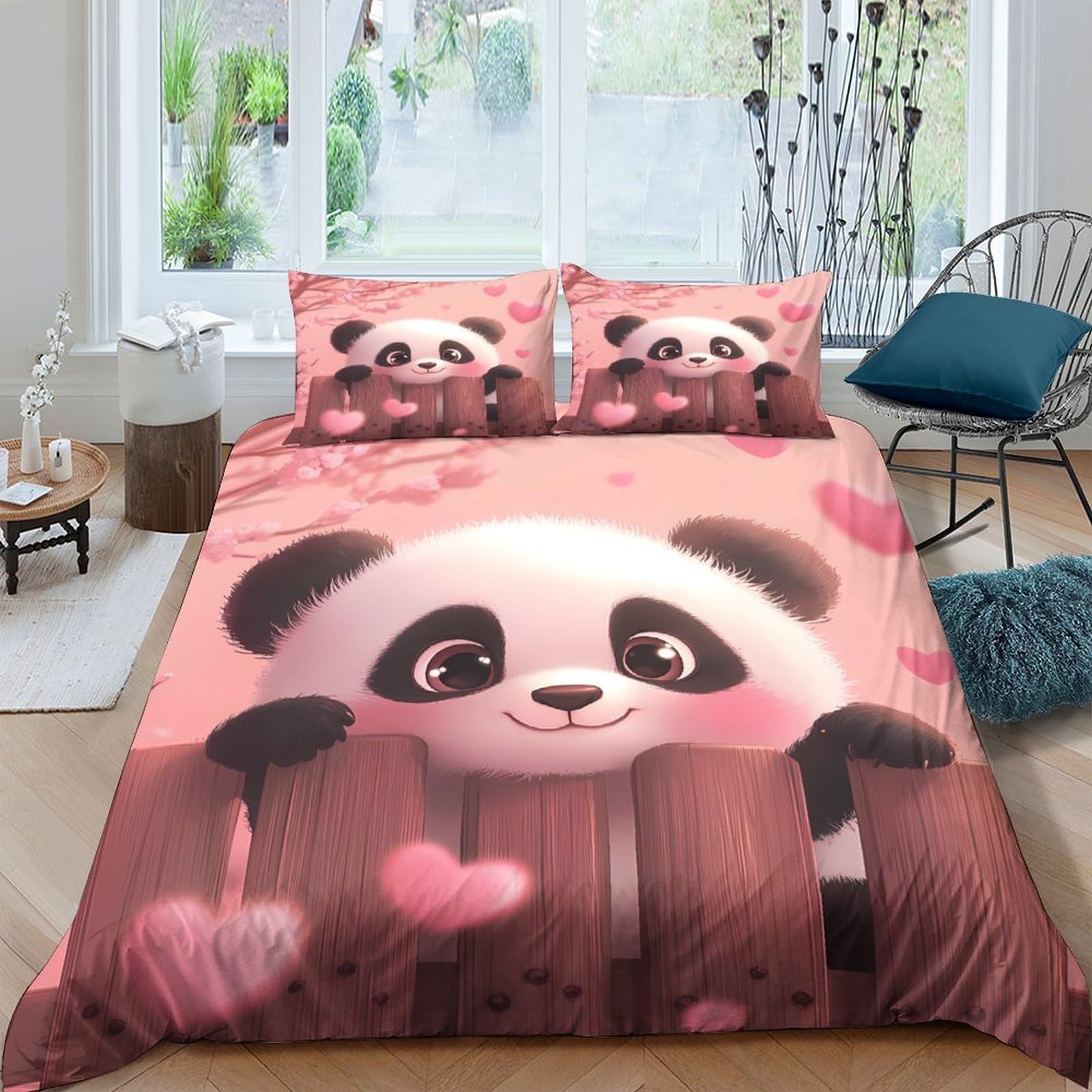 GPLZQXKJNH 3D Printed Cute Panda Duvet Cover Set Microfiber Pink Cartoon Animal Bedding with 2 Pillowcases for Bedroom Decor Single（135x200cm）