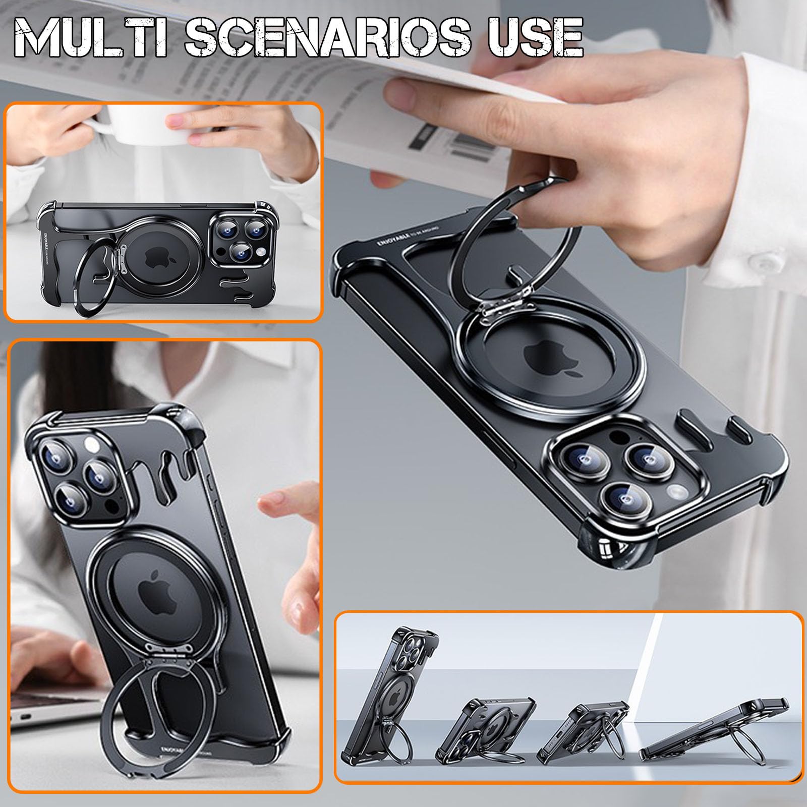 Funda para iPhone 15 Pro/15 Pro MAX, Cubierta de Metal Sin Marco con Soporte de Anillo de Metal Invisible, Protección contra Caídas de Grado Militar, Compatible con MagSafe