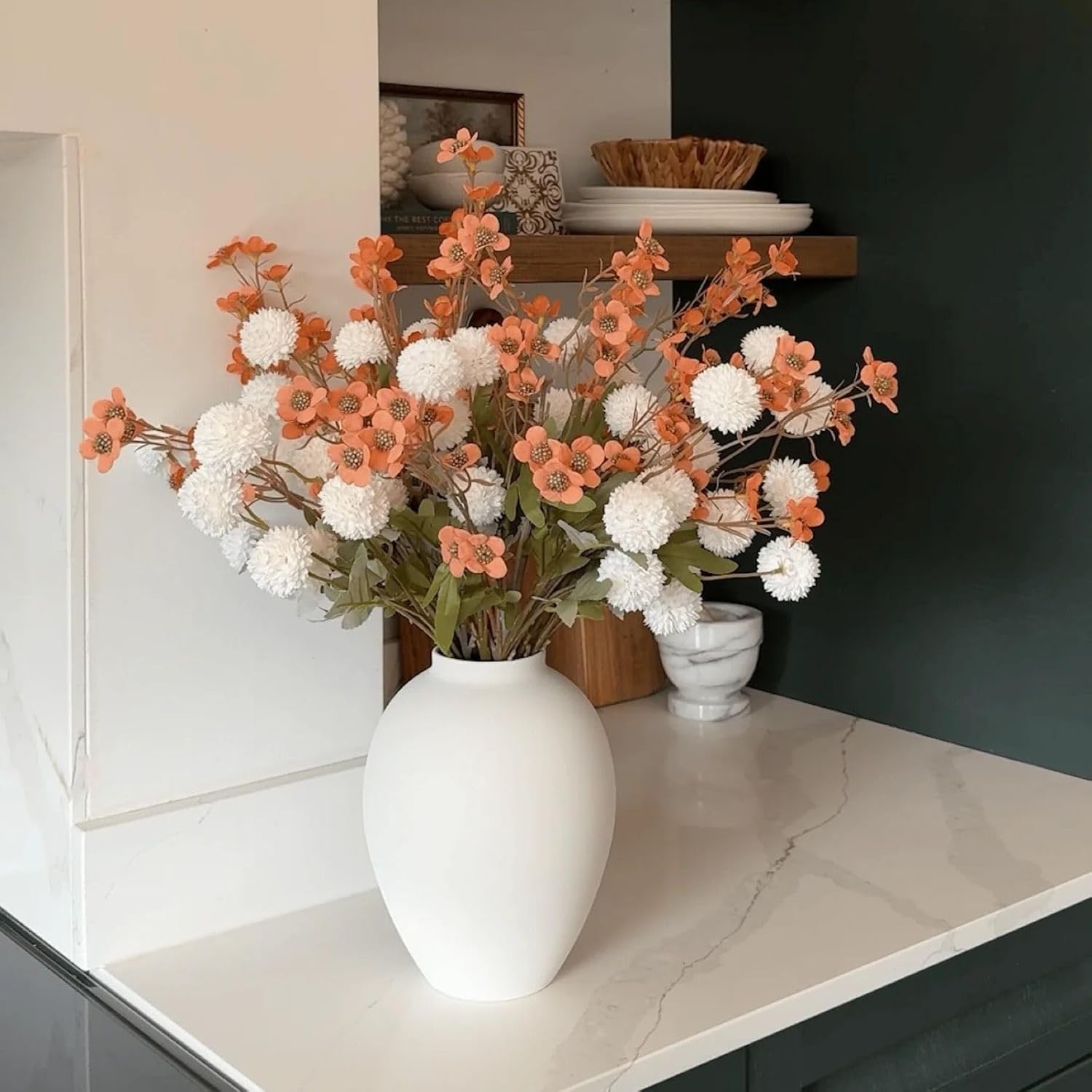SilkSerenade White Silk Kiku Flower Arrangements with Eucalyptus & Umber Wild Flowers for Home Decor, Fake Flores Long Orange Tall Mums Earthy Rust Stems Artificial Floral Kitchen Dining Centerpieces - Image 9