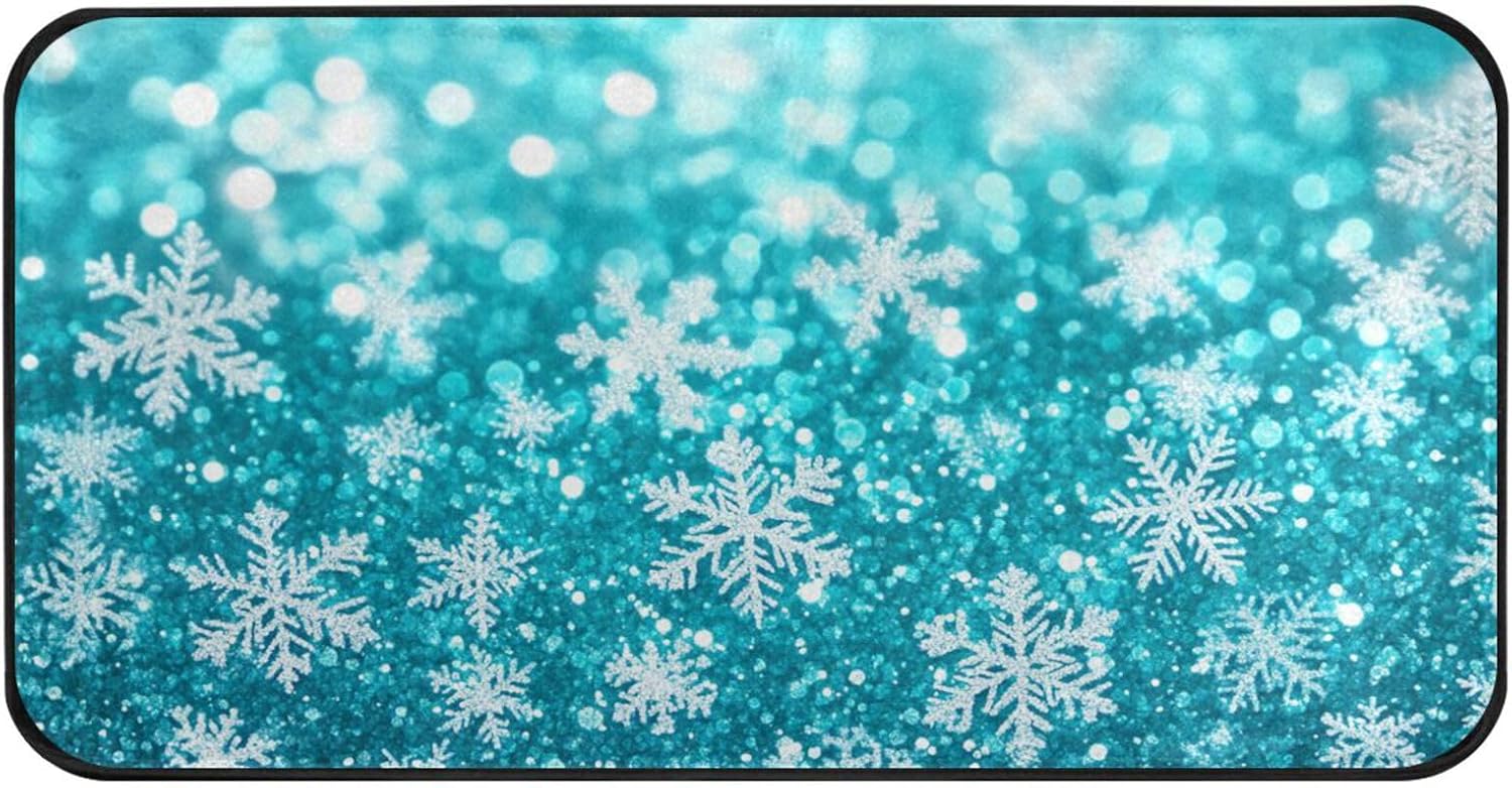 Gredecor Christmas Winter Kitchen Rug Anti Fatigue Blue Cyan Glitter Snowflakes Decorative Kitchen Mats Non Skid Washable Floor Rugs Runner Home Decor 39"x20"