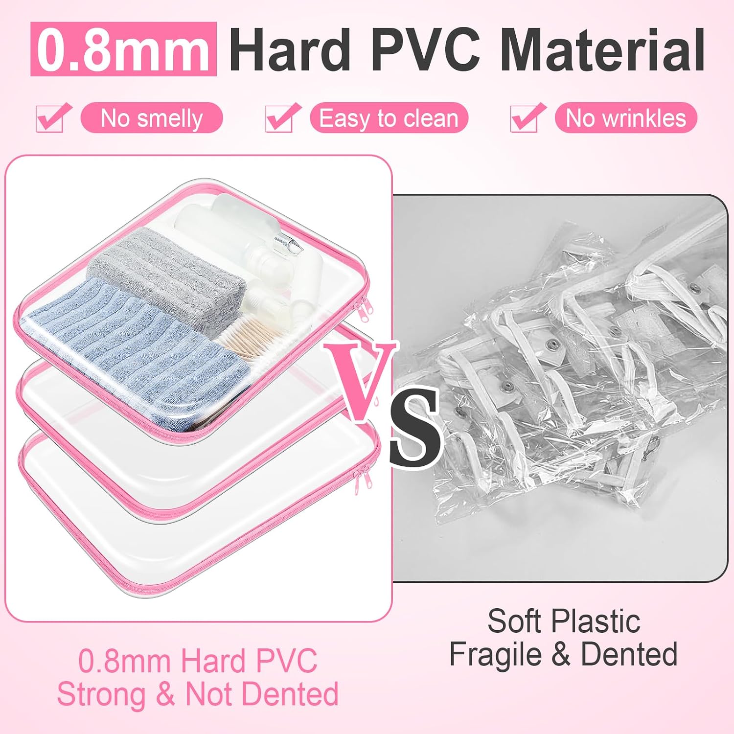Hoolerry 3 Pcs Clear Hard Zipper Case Hard Plastic Zipper Pouch Makeup Bag Portable Travel Organizer for Cosmetics, Office Supplies, Documents & Toiletries(Pink,L)