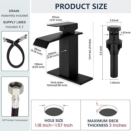 Miniatura 3 de Midanya Grifos de baño en cascada, grifo de lavabo de baño de una sola manija de 1 agujero, moderno grifo de lavabo de tocador de RV con drenaje