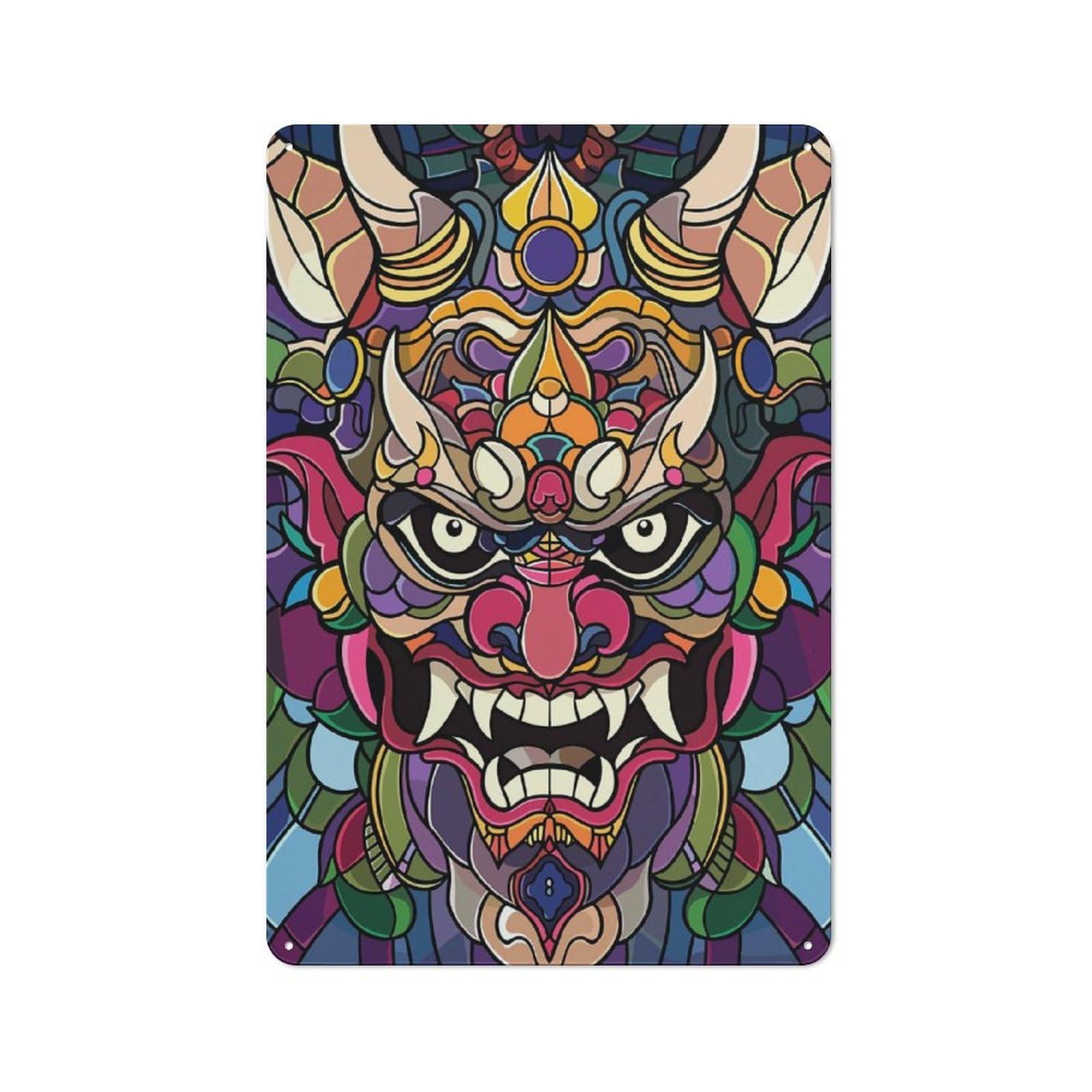 Junmoney Style-22 Colorful Oni Mask Illustration Rustic Printed Metal Sign 30X20cm For Garage Or Workshop, For Garage, Workshop And Man Cave Decoration