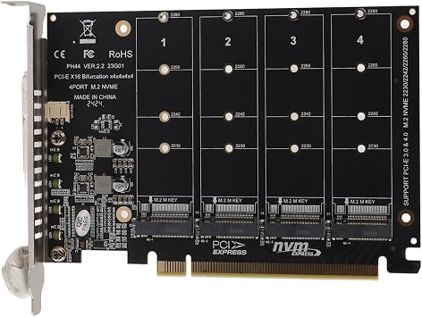 M.2 NVMe to PCIE X16 Adapter 4 Port M.2 NVMe SSD to PCIE X16 M Key Hard Drive Converter Reader Expansion Card
