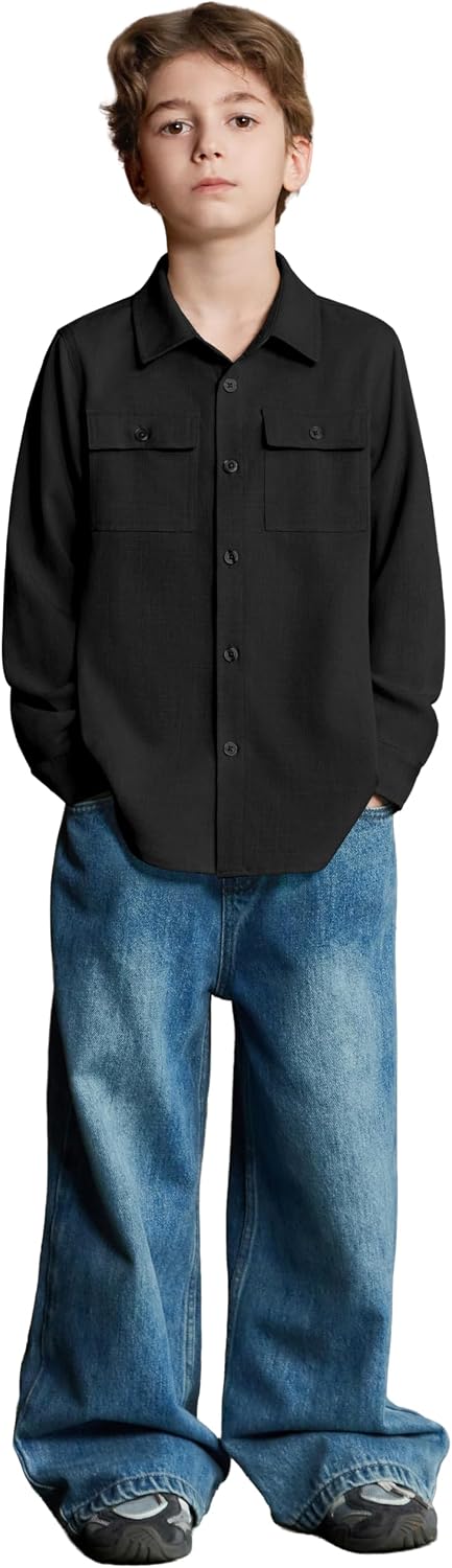 Arshiner Boys Button Down Shirt Long Sleeve Casual Cotton Shirt with Flap Chest Pockets Size 4-12 Years