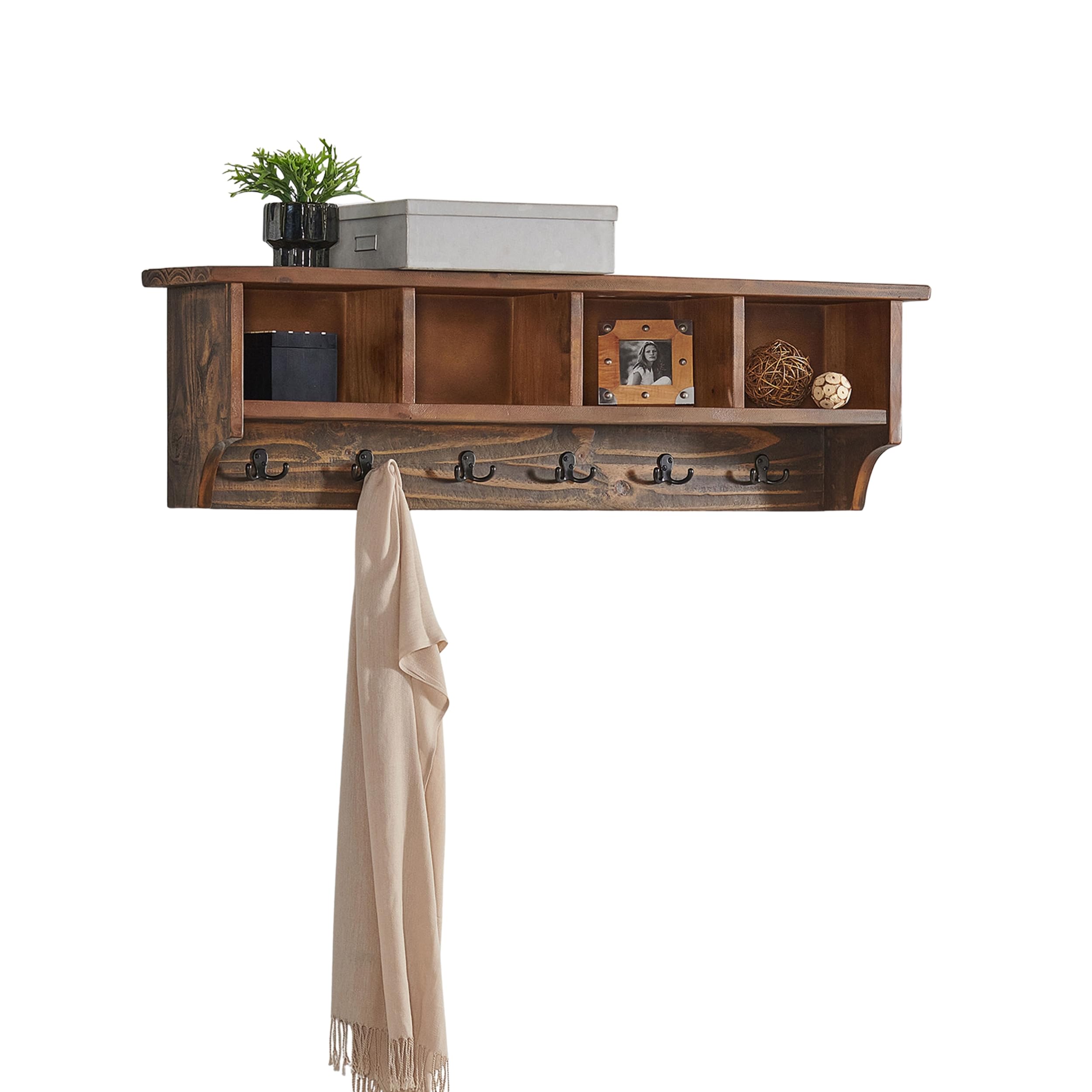 Pomona Industrial 48-Inch Wall-Mounted Coat Rack with 6 Heavy-Duty Hooks and 4 Open Cubbies, Solid Wood & Metal Mudroom Organizer for Entryway, Hallway, or Garage Storage by Alaterre Furniture