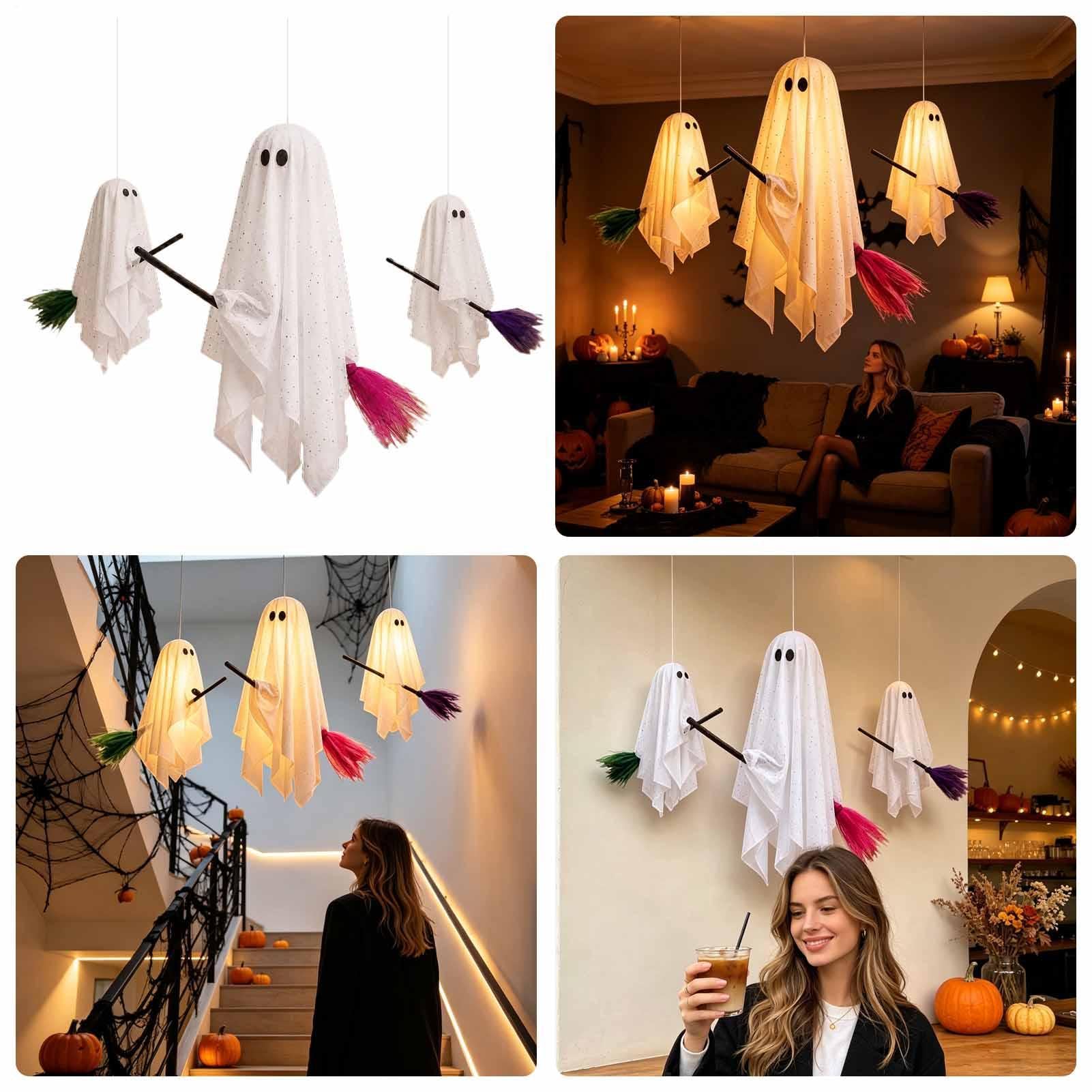 Halloween Schwingender Geist 3-teiliges beleuchtetes Spuk-Set mit Besen | Halloween Gartendekorationen für Garten, Rasen, , Vorderfenster, Zuhause, Büro, Party, Schule, Balkon und