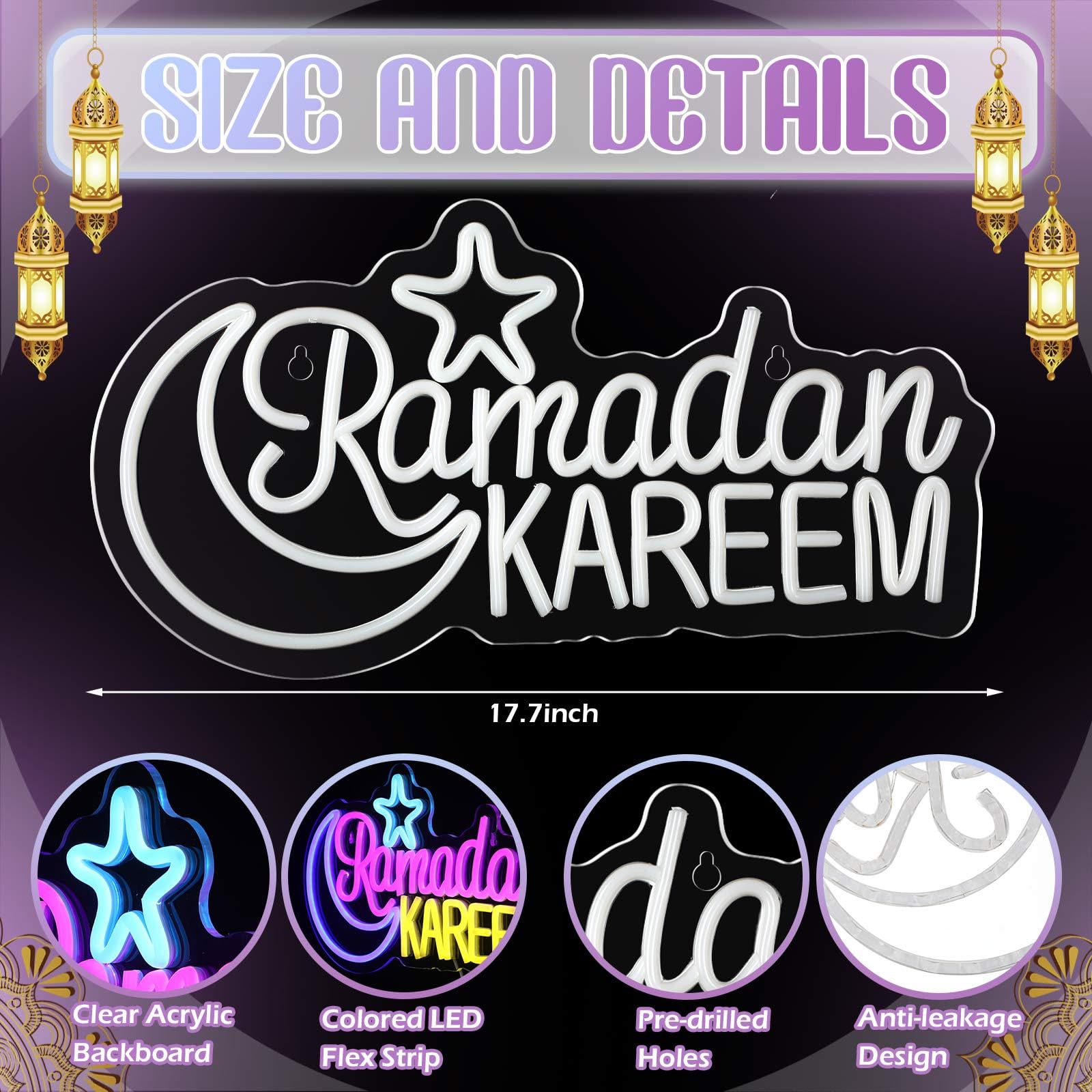 Glooglitter Ramadan Kareem Insegna al neon grande Eid Mubarak Decorazione per la casa Decorazione per le vacanze islamiche Ramadan Mubarak Decorazione al neon Segno Luce al Neon Ramadan Celebrazione
