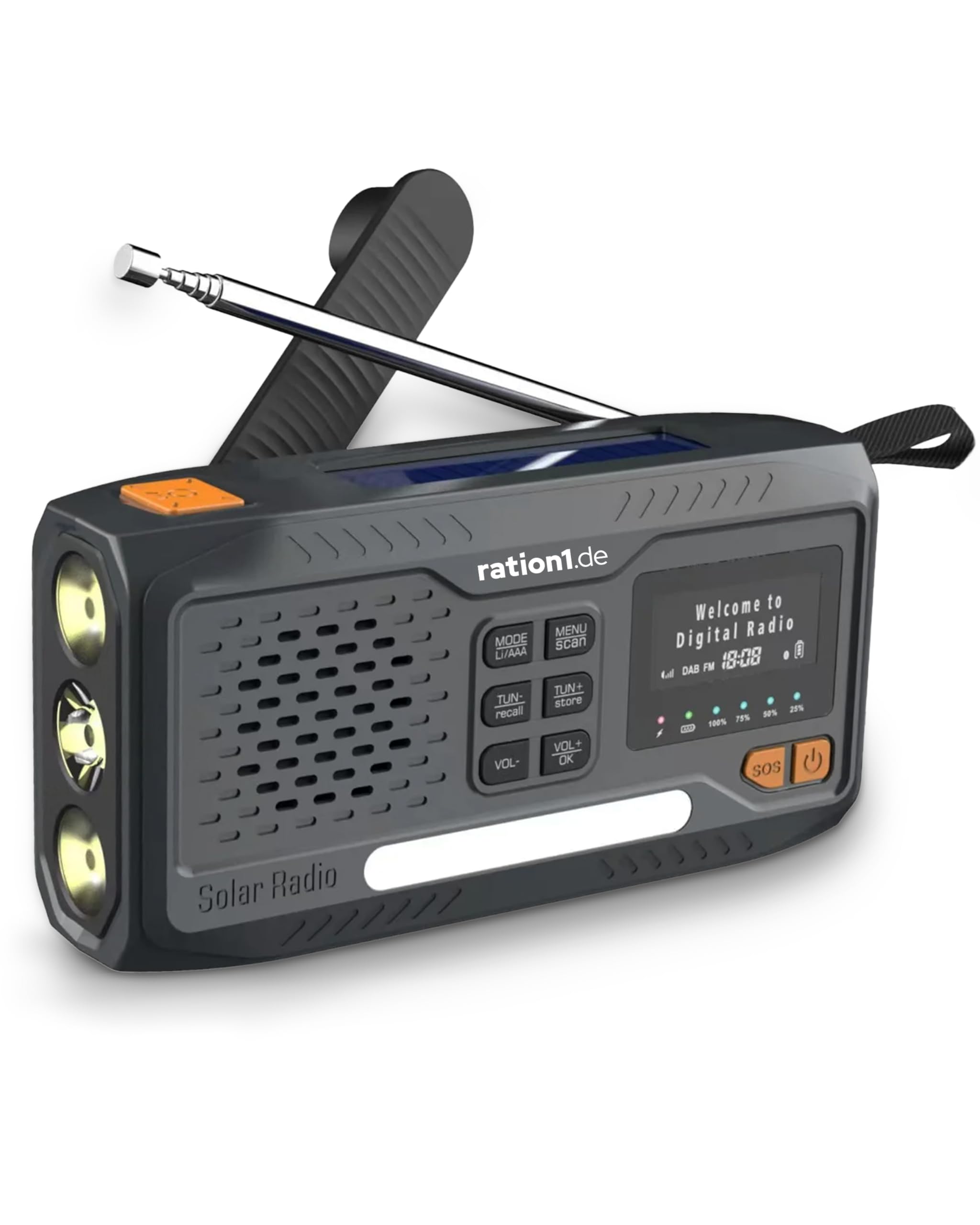 ration1 Kurbelradio DAB+, Tragbares Solarradio mit LED-Taschenlampe, 2000mAh Powerbank, Handkurbel, SOS-Funktion, Bluetooth, USB-C, für Camping und Notfall